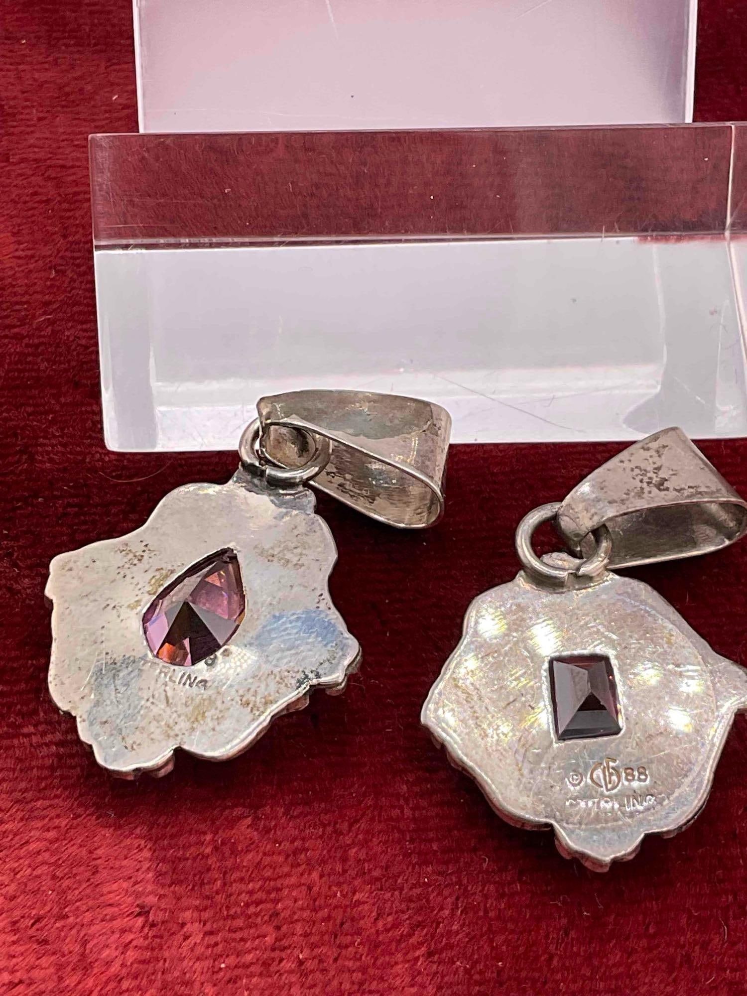 Vintage Carol Felley Sterling Silver Jewelry incl. Earrings & 2x Pendants w/ Pink CZ Toned Setting. - 4