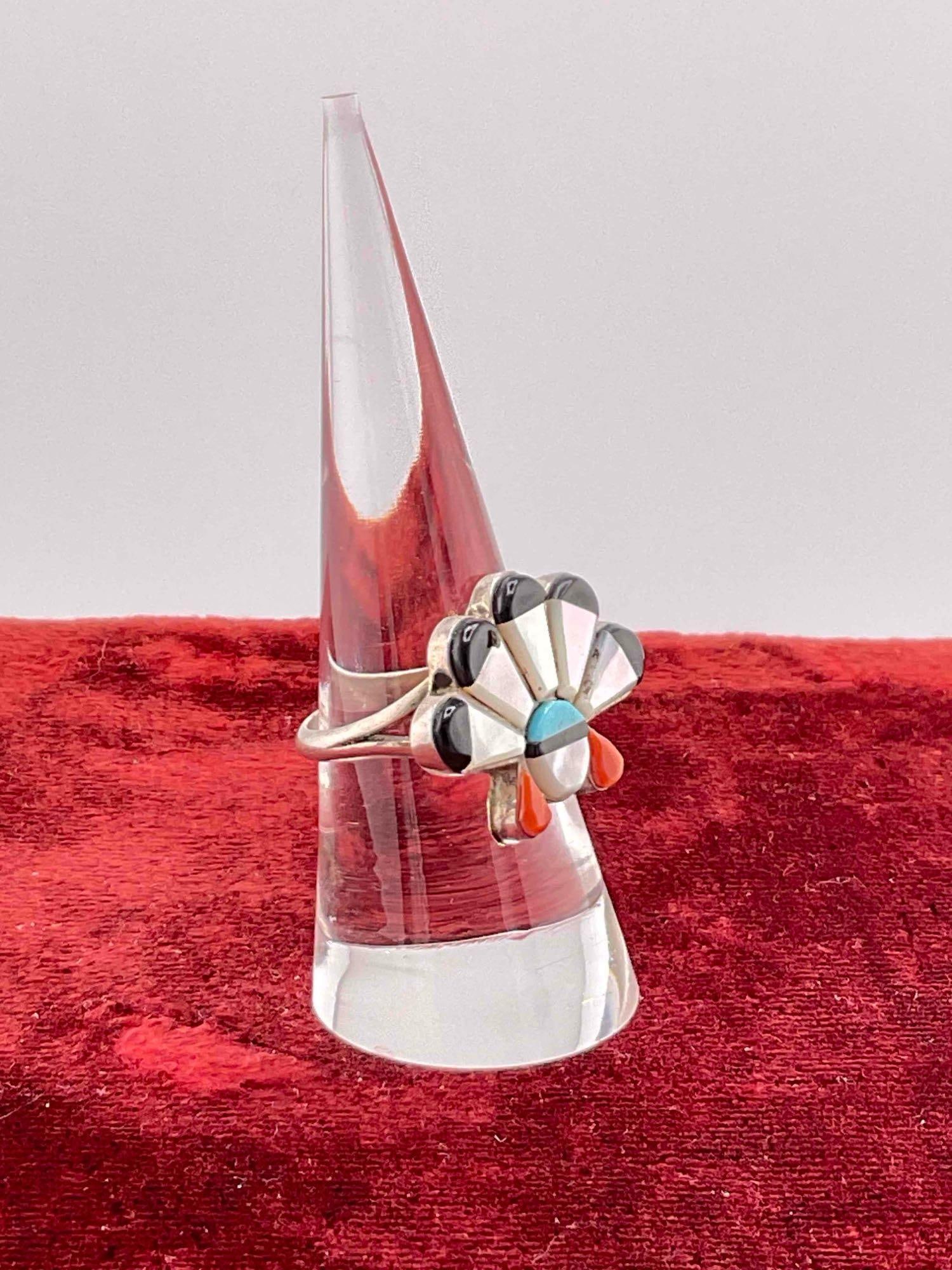 Vintage Native American Sterling Silver Sunface Ring w/ Multicolor Toned Settings, Size 7.5. - 2