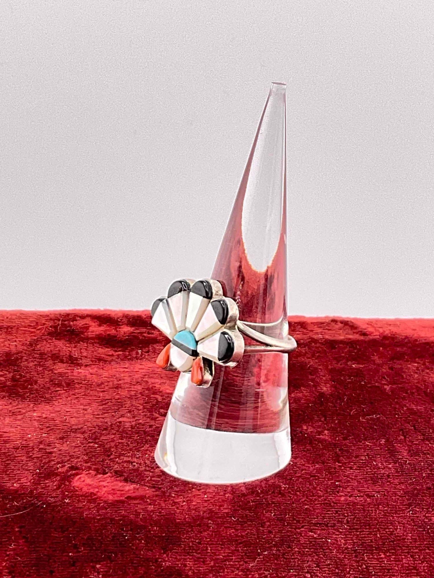Vintage Native American Sterling Silver Sunface Ring w/ Multicolor Toned Settings, Size 7.5. - 3