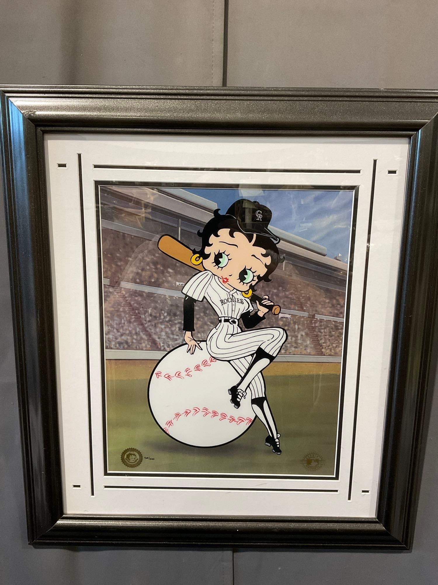Framed Betty Boop #d 465/500 Sericel, Colorado Rockies, 26x23 inches: Has a seal at the bottom left that says King Features Syndicate, Inc, Fleischer Studio, Inc, Limited Edition. Bottom Right, Genuine Merchandise Major League. Appears to be in good shape. The piece