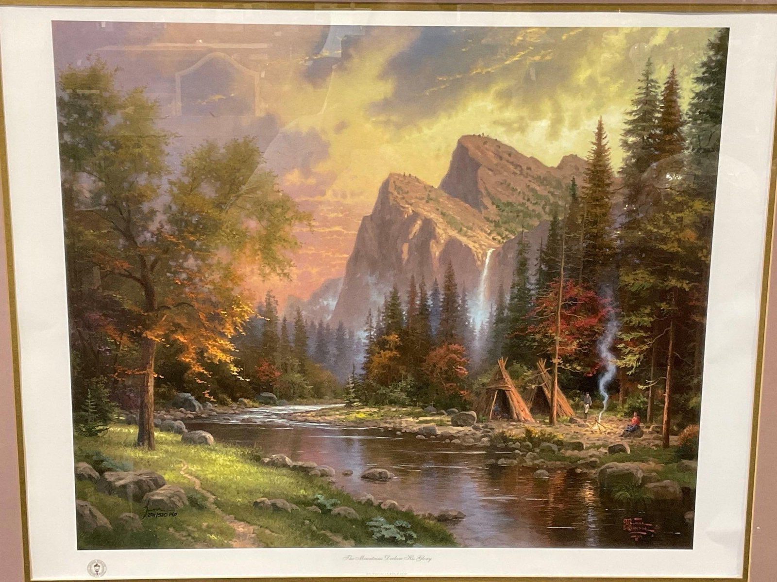 Framed Signed #d 291/520 P/P, The Mountains Declare His Glory by Thomas Kinkade 34x40 inch: Appears to be in good shape. The piece measures approx 34h x 40w x 3d inches. See pics. E-5980