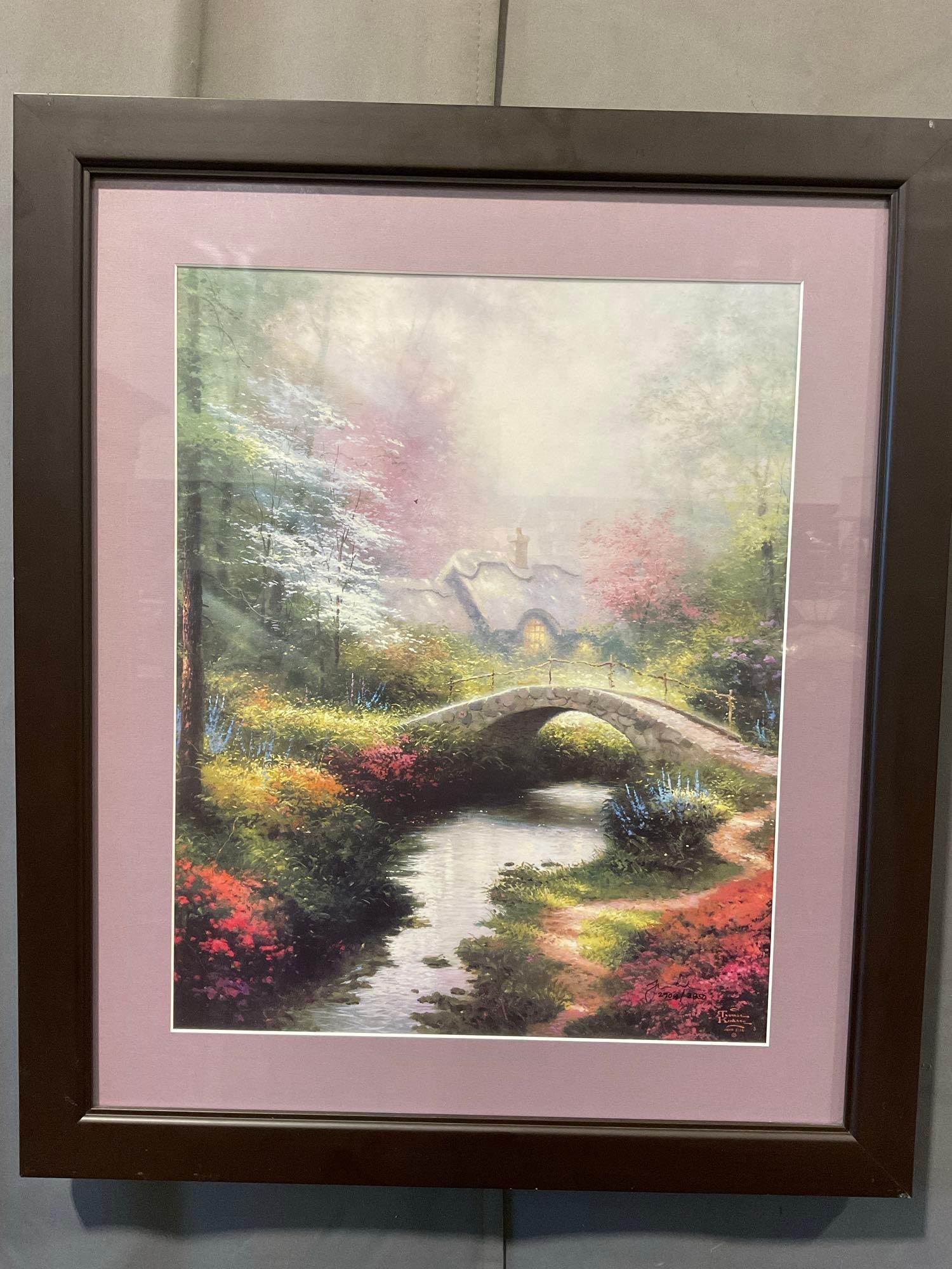 Framed Signed & #d 2909/3850? Brookside Hideaway by Thomas Kinkade, 28x24 inches: Appears to be in good shape. The piece measures approx 28h x 24w x 3d inches. See pics. E-5980