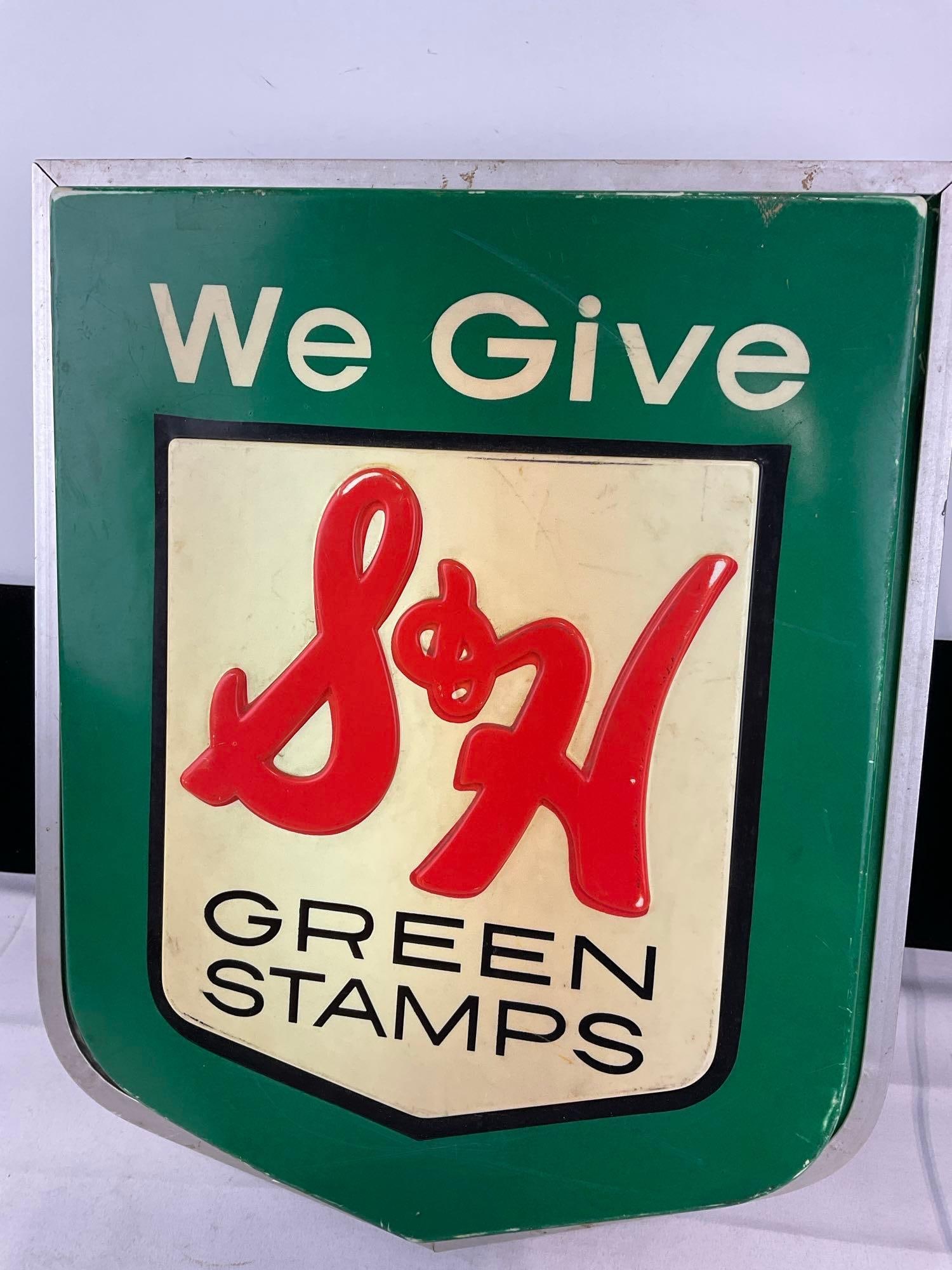 Vintage S&H We Give Green Stamps Lighted Hanging Sign, 18x15x6 inches, tested & working - 2