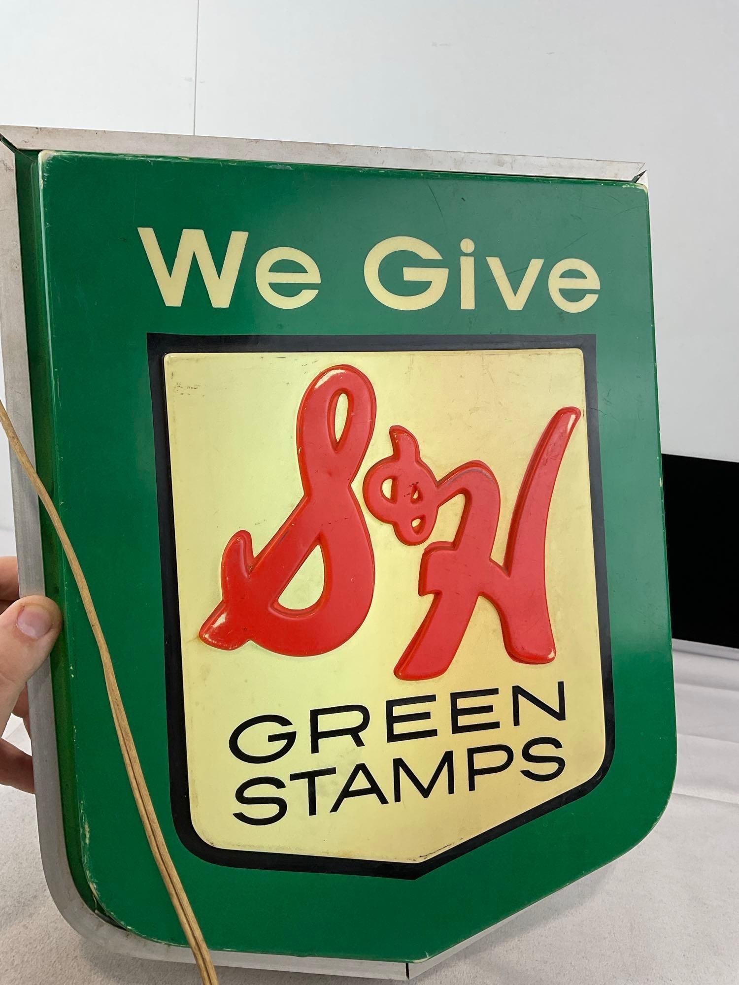 Vintage S&H We Give Green Stamps Lighted Hanging Sign, 18x15x6 inches, tested & working - 4