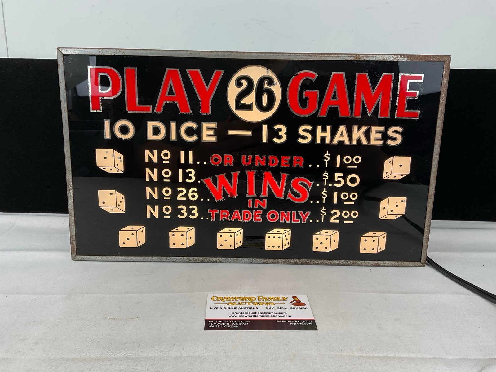 Play 26 Game 10 Dice - 13 Shakes, Gambling Lighted Sign, tested & working, 9x15x6 inches: Appears to be in good shape, tested & working. The piece measures approx 9h x 15w x 6d inches. See pics. E-6120