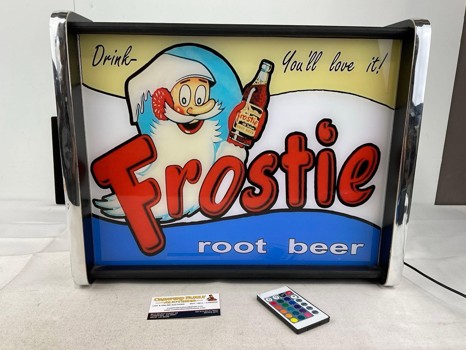 Frostie Root Beer Lightup Sign, Drink, Youll Love It!, 15x18x6 inches, w/LED light inside & Remote: Appears to be in good shape. The piece measures approx 15h x 18w x 6d inches. See pics. E-6120