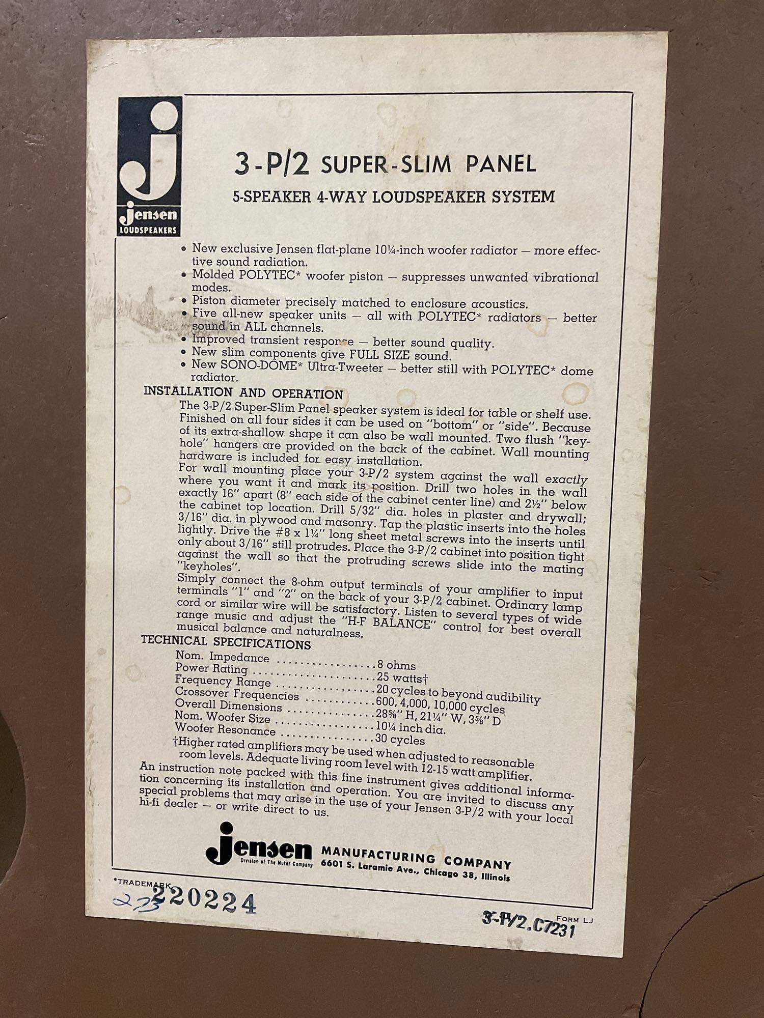 Pair of Jensen 3-P/2 Super-Slim Panel Wall Speakers, 5 Speaker 4-Way Loudspeaker System, 30x22 inch - 7