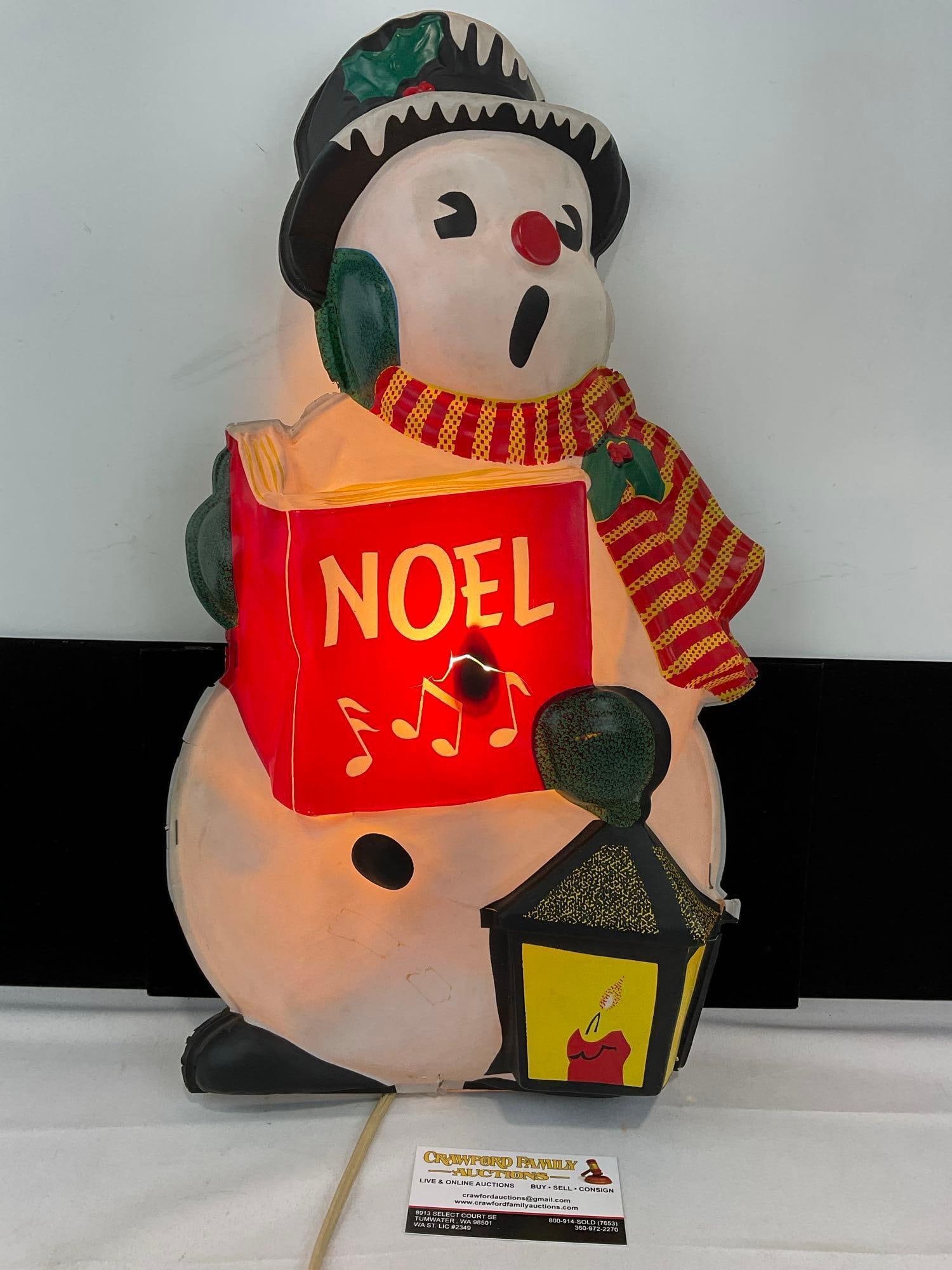 Vintage Cat. No. 41-J Snowman Noel, LA Goodman MFG Co. Lighted Sign, 24x15x8 inches: Appears to be in fair to good shape, shows some wear. The piece measures approx 8h x 24w x 15d inches. See pics. E-6120