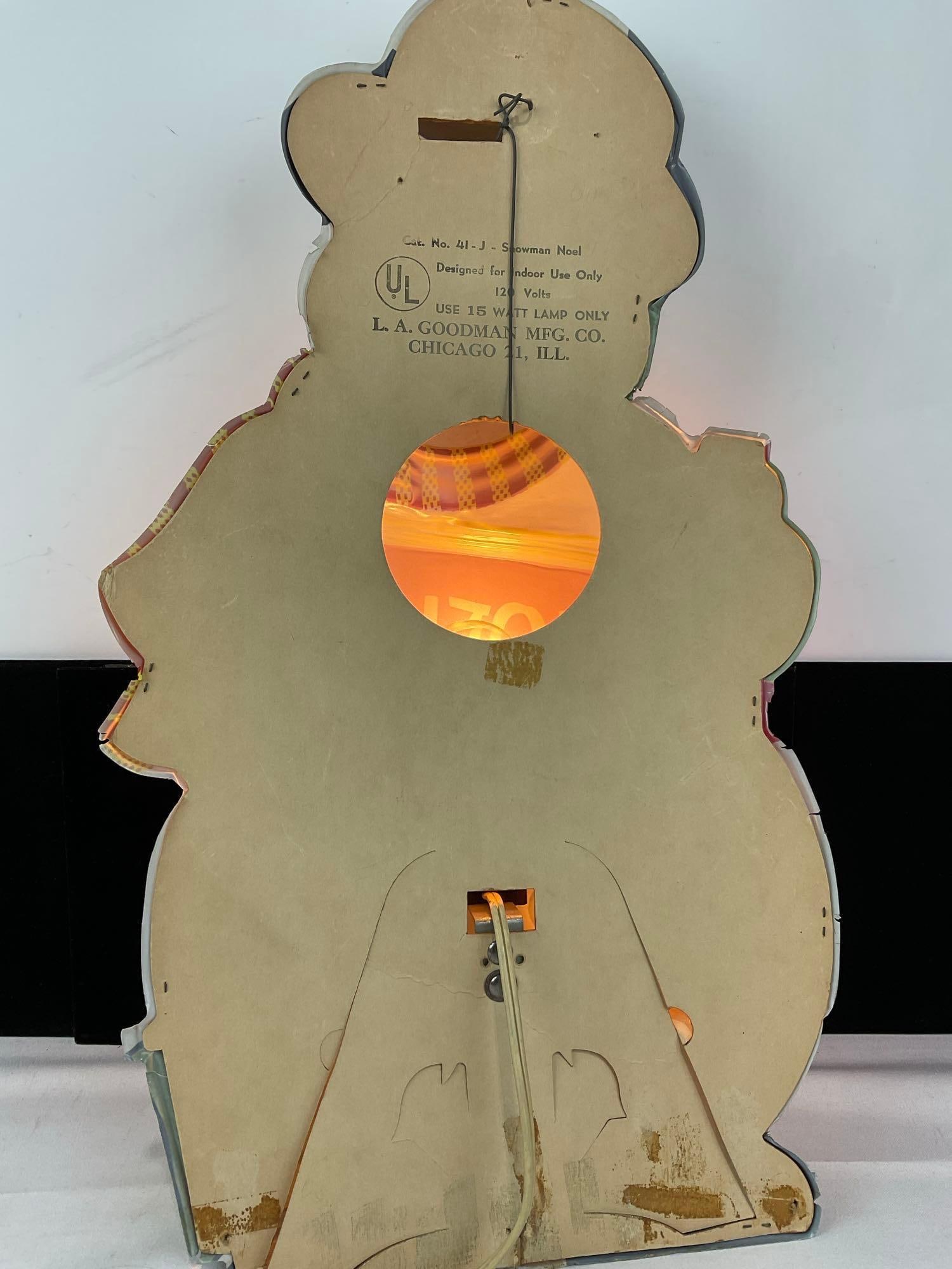 Vintage Cat. No. 41-J Snowman Noel, LA Goodman MFG Co. Lighted Sign, 24x15x8 inches - 4