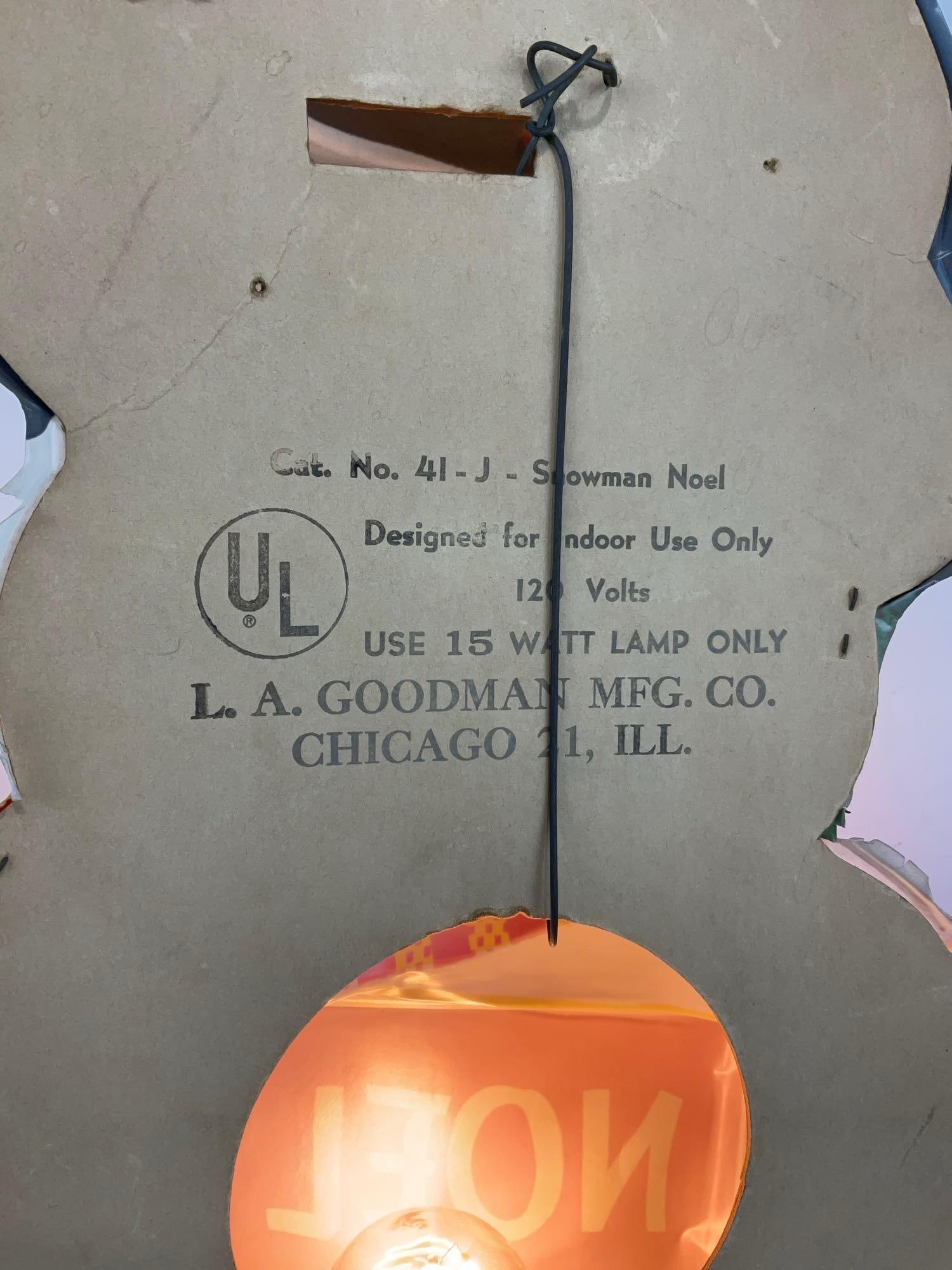 Vintage Cat. No. 41-J Snowman Noel, LA Goodman MFG Co. Lighted Sign, 24x15x8 inches - 5