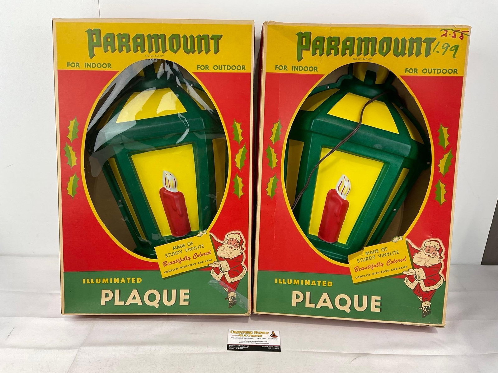 Pair of 1950s Paramount Illuminated Plaques, Candle Lantern style, in original boxes: Appears to be in good shape. The piece measures approx 21h x 16w x 10d inches. See pics. E-6120