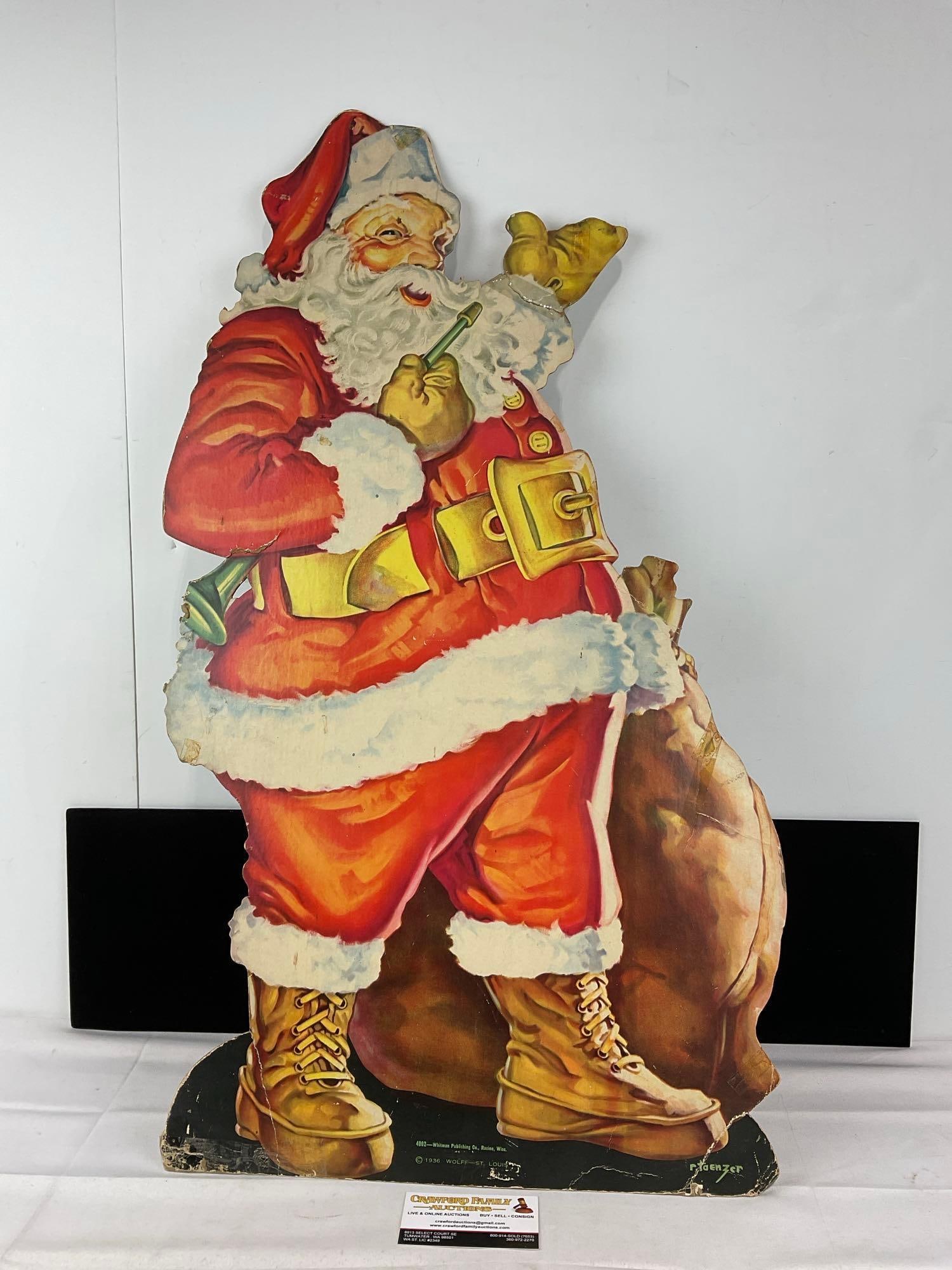 Vintage 1936 Heavy Cardboard Santa Claus Prop Up Sign, Whitman Publishing, 33h x 21w x 3d inches: Appears to be in good shape. The piece measures approx 33h x 21w x 3d inches. See pics. E-6120