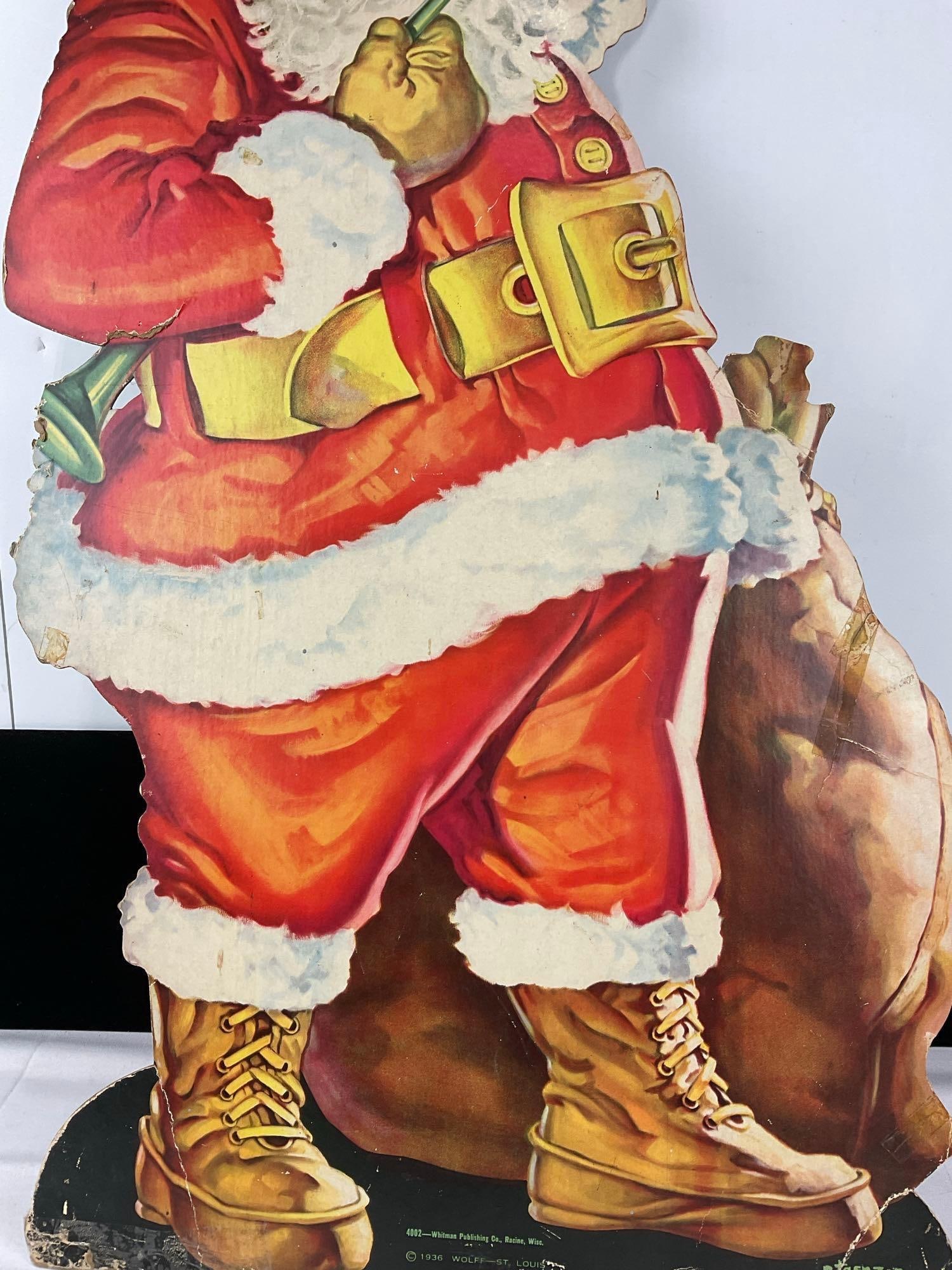 Vintage 1936 Heavy Cardboard Santa Claus Prop Up Sign, Whitman Publishing, 33h x 21w x 3d inches - 3