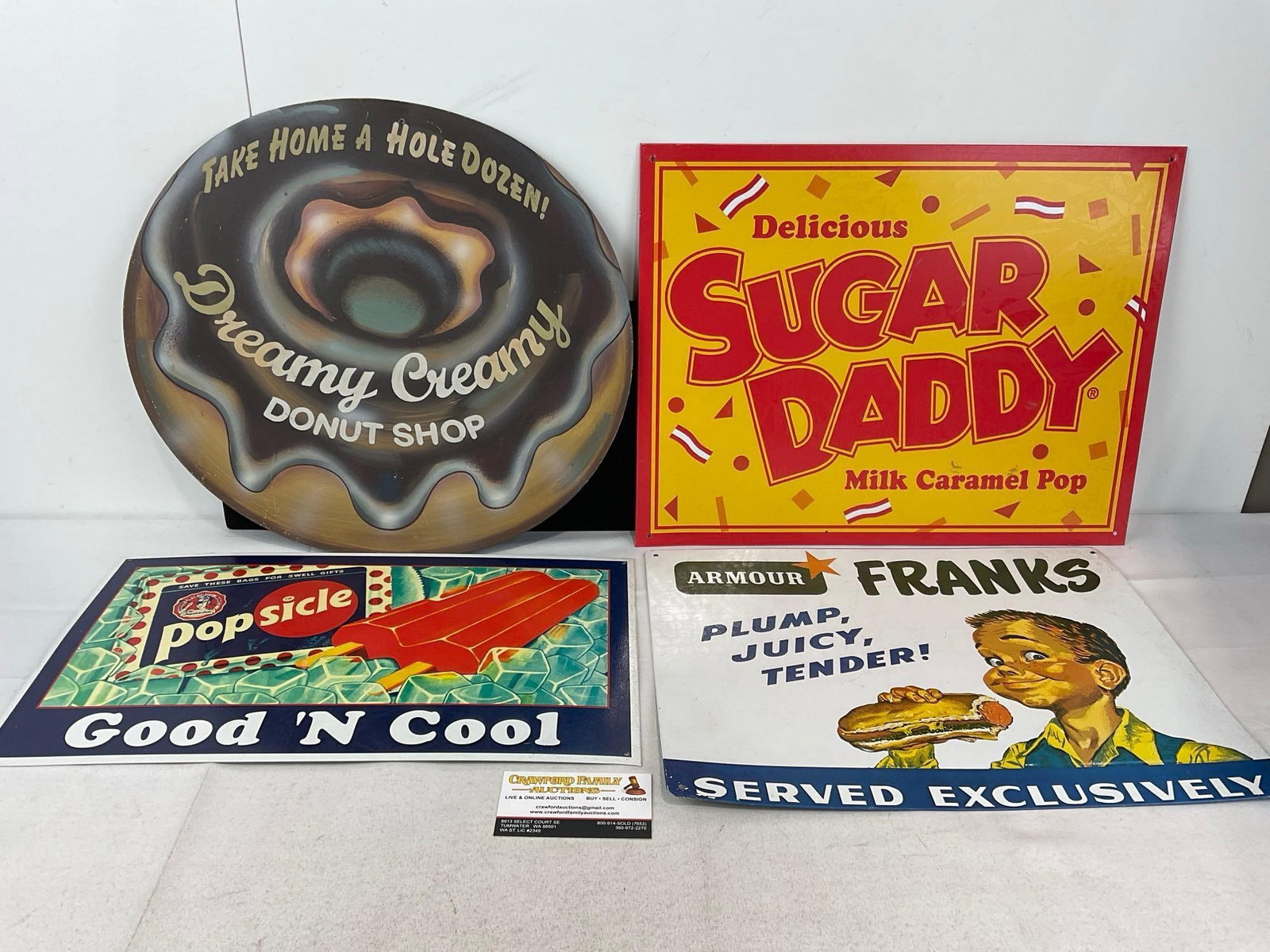 Dreamy Creamy Donut Shop Sign & 3 Repro Signs, Popsicle, Armour Franks & Sugar Daddy: Appears to be in good shape. The piece measures approx 15h x 17w x 2d inches. See pics. E-6120