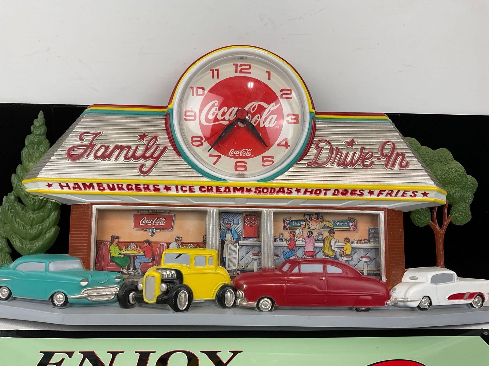 Vintage 1988 Coca-Cola Family Drive-in Diner Wall Clock, & Pair of Repro Pepsi Vintage Signs - 2