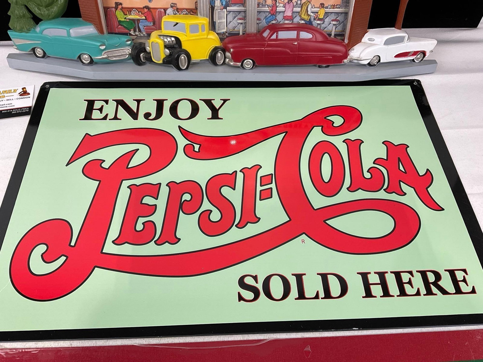 Vintage 1988 Coca-Cola Family Drive-in Diner Wall Clock, & Pair of Repro Pepsi Vintage Signs - 3