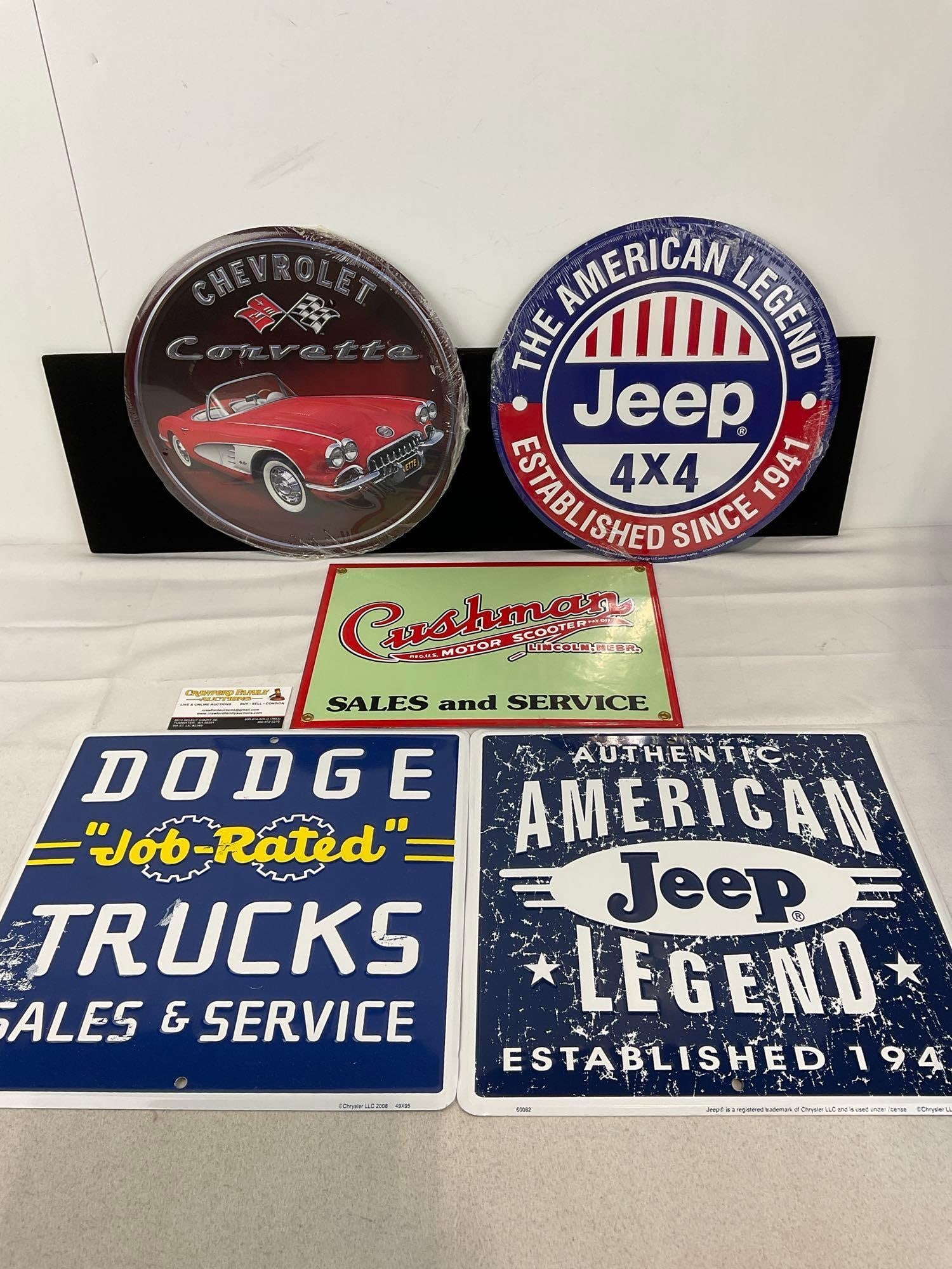 5 Metal Repro Signs, Chevy Corvette, 2x Jeep, Cushman Motor Scooter, & Dodge Trucks: Appears to be in good shape. The piece measures approx 13h x 13w x 2d inches. See pics. E-6120