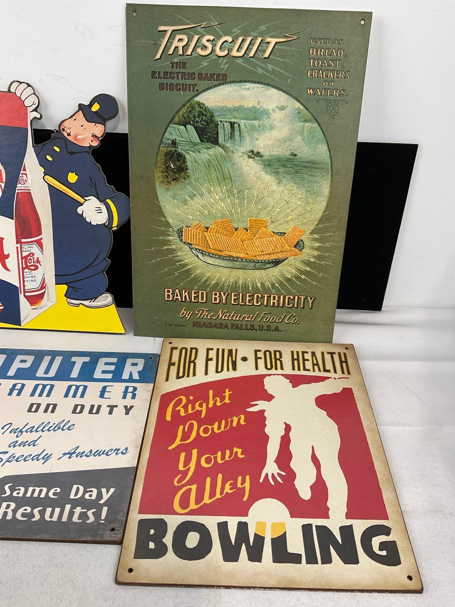 5 Repro Vintage Signs, Pepsi-Cola, Triscuit, Electronics, Programming & Bowling Decor signs - 3