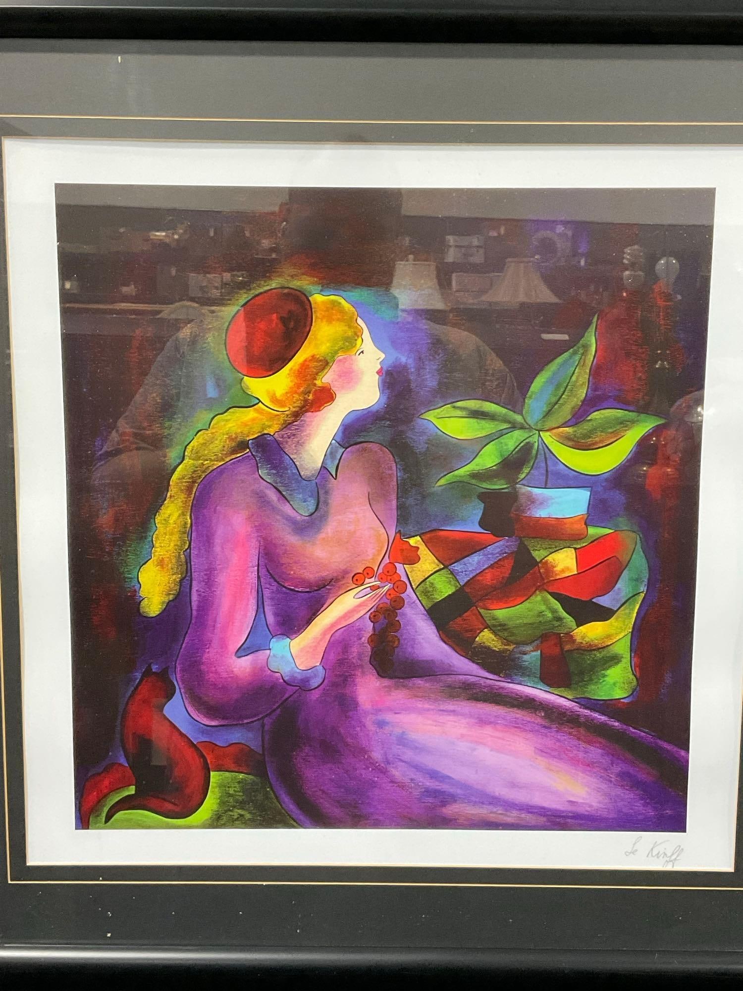 Framed Litho titled Passing Time with Max, by French Artist Linda Le Kinff, 29x29 inches: Appears to be in good shape. The piece measures approx 29h x 29w x 4d inches. See pics. E-5980
