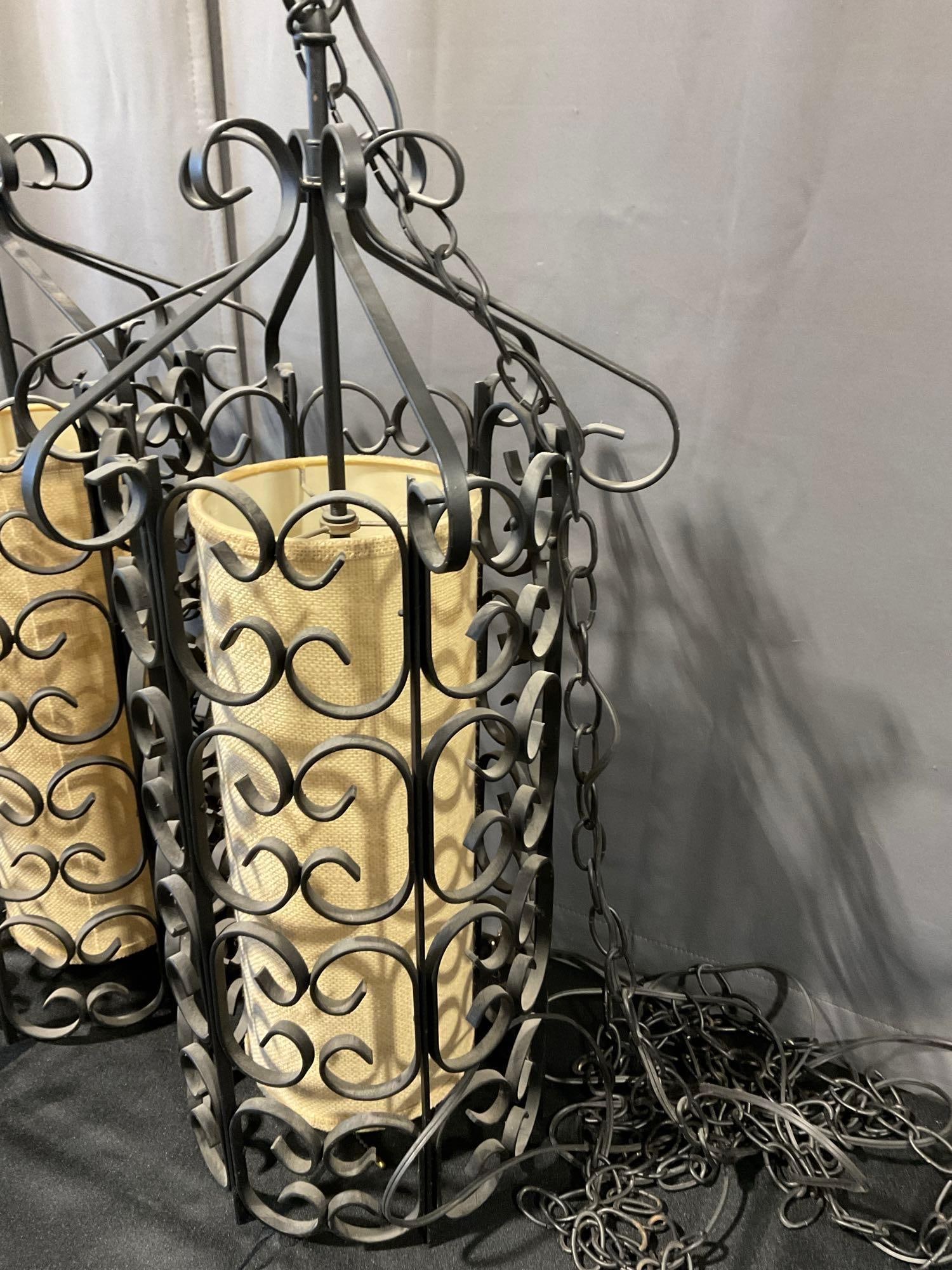 Pair of Vintage Wrought Iron Hanging Swag Lights, untested, scrollwork w/fabric shades - 2