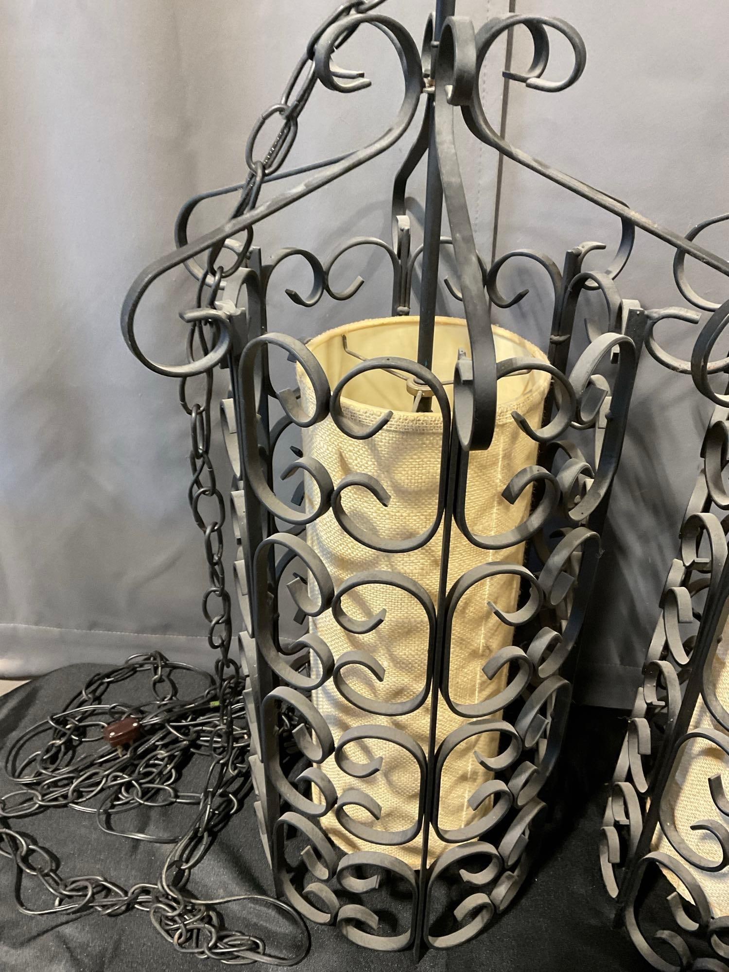 Pair of Vintage Wrought Iron Hanging Swag Lights, untested, scrollwork w/fabric shades - 3