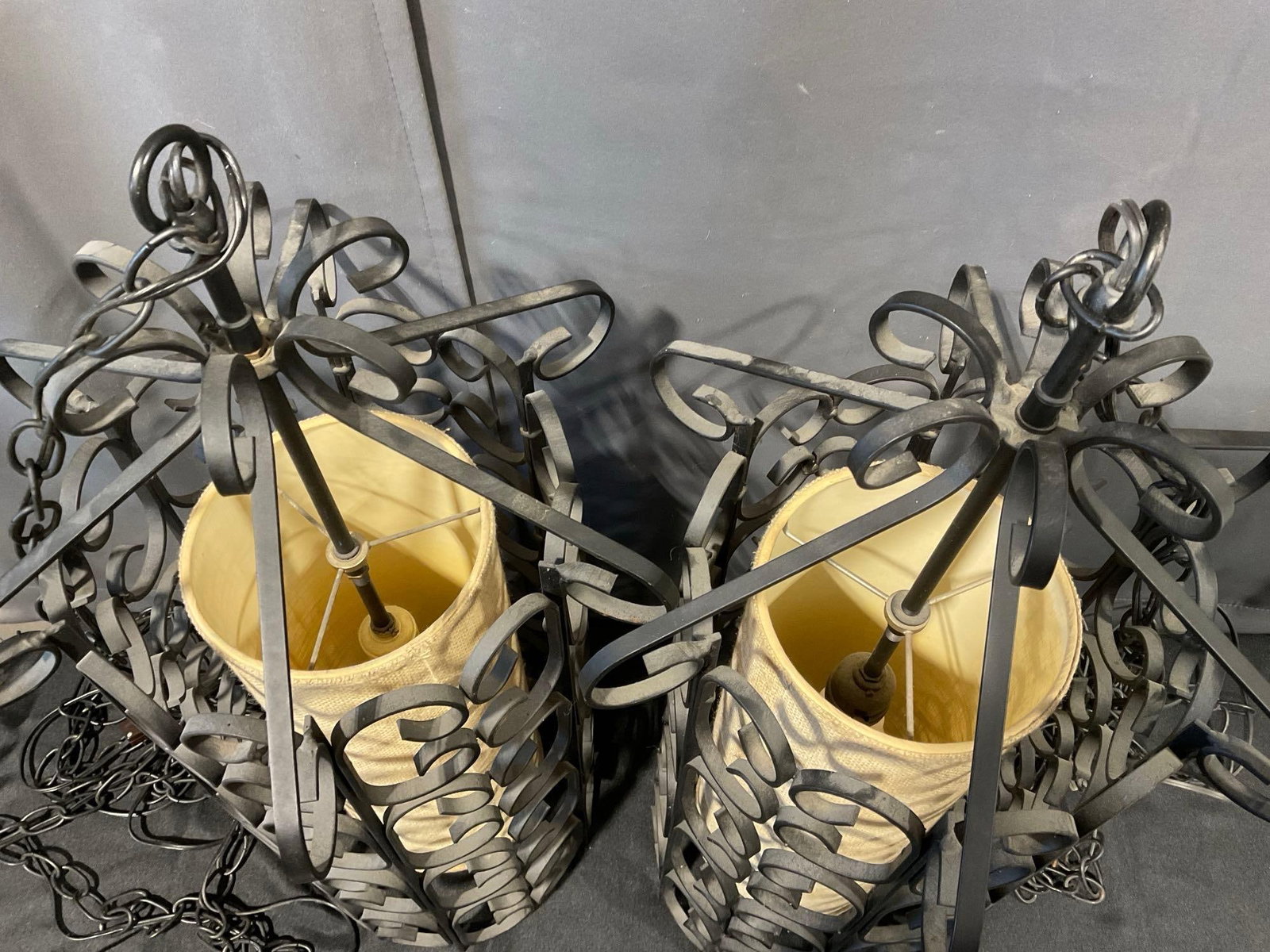 Pair of Vintage Wrought Iron Hanging Swag Lights, untested, scrollwork w/fabric shades - 4