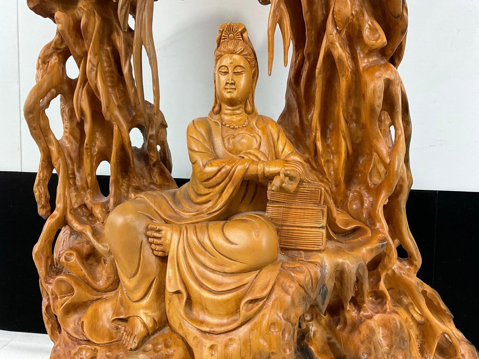 Ornate Carved Wooden Guanyin Bodhisattva Figure, 22x16 inches - 3