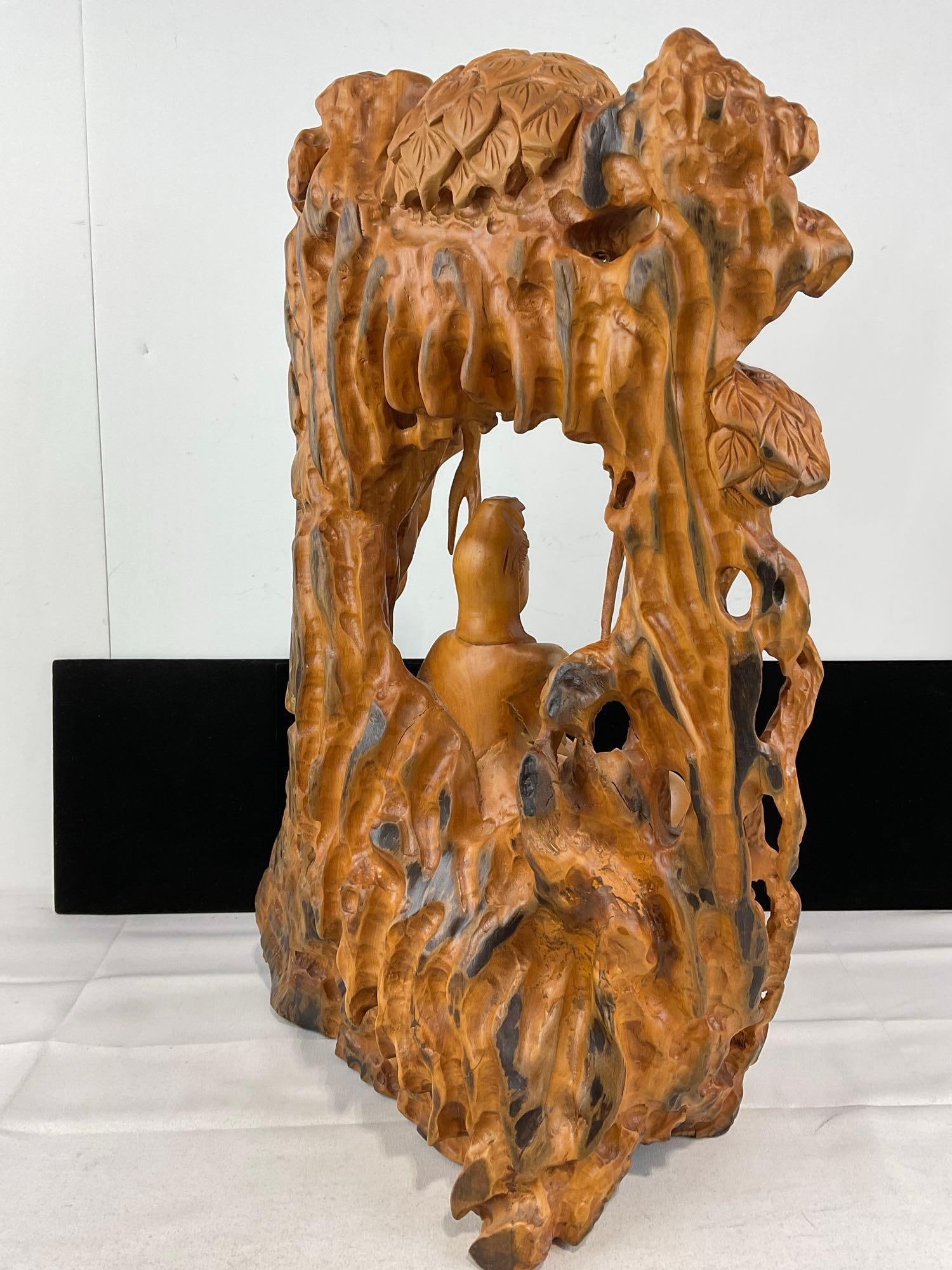 Ornate Carved Wooden Guanyin Bodhisattva Figure, 22x16 inches - 5