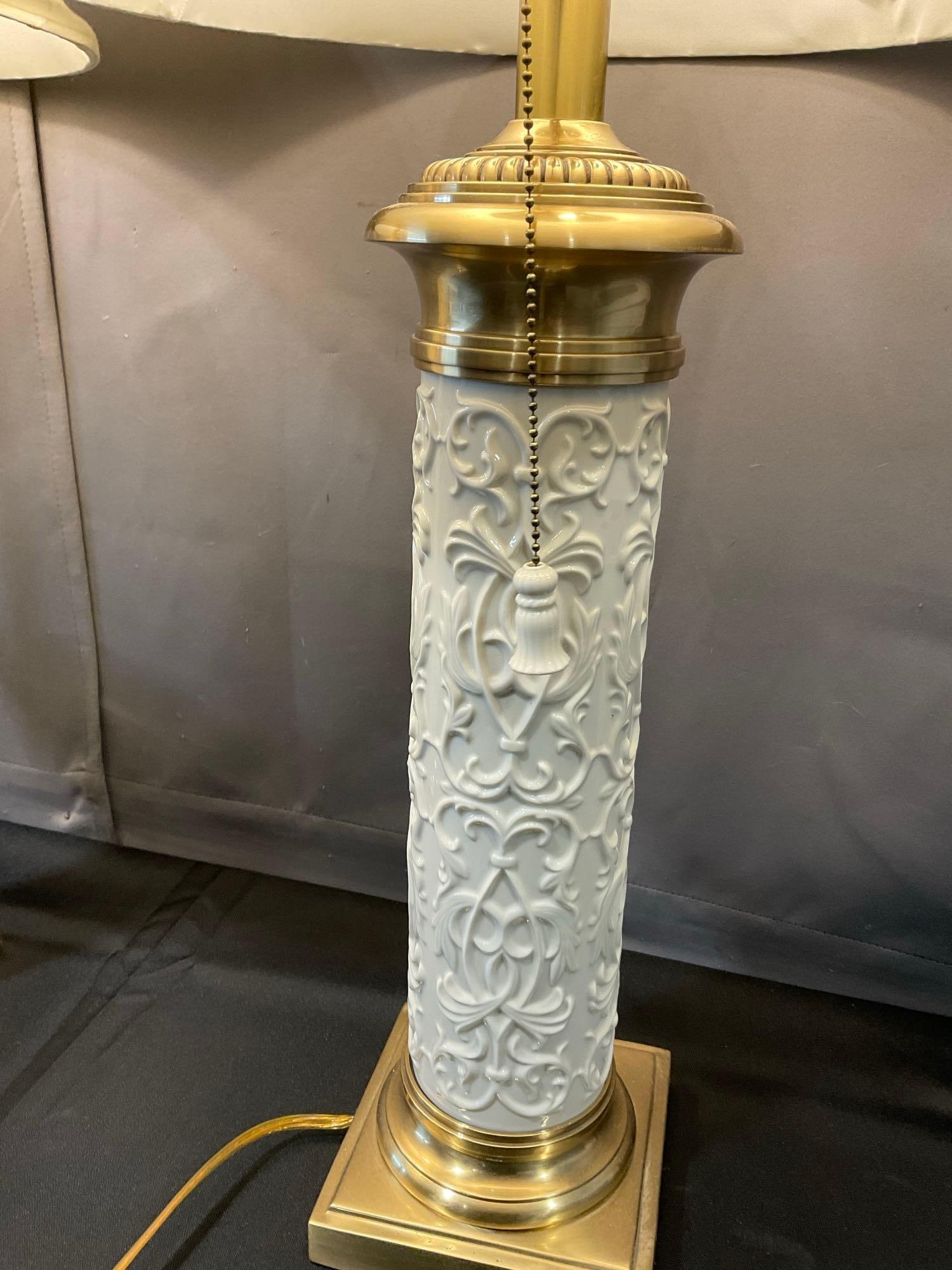 Pair of Lenox Lighting by Quoizel Porcelain & Brass Lamps, tested & working Relief Columns - 2