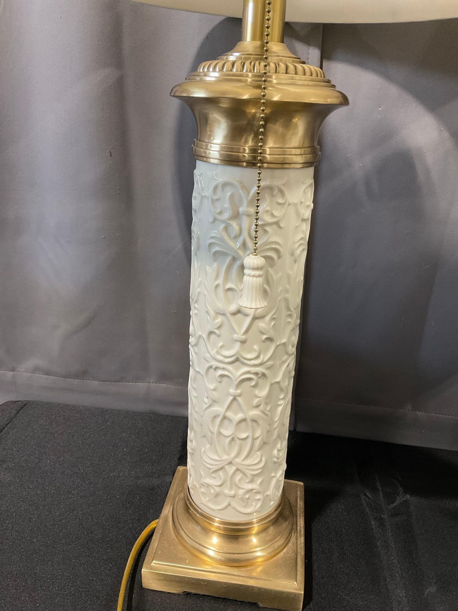 Pair of Lenox Lighting by Quoizel Porcelain & Brass Lamps, tested & working Relief Columns - 5