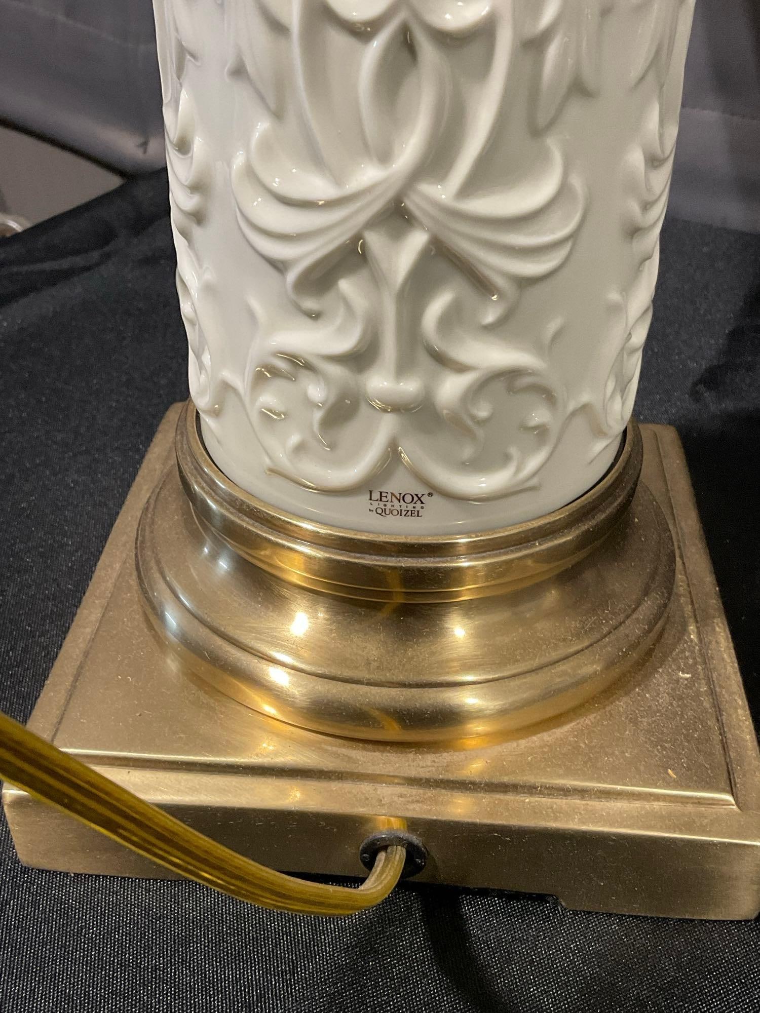 Pair of Lenox Lighting by Quoizel Porcelain & Brass Lamps, tested & working Relief Columns - 7