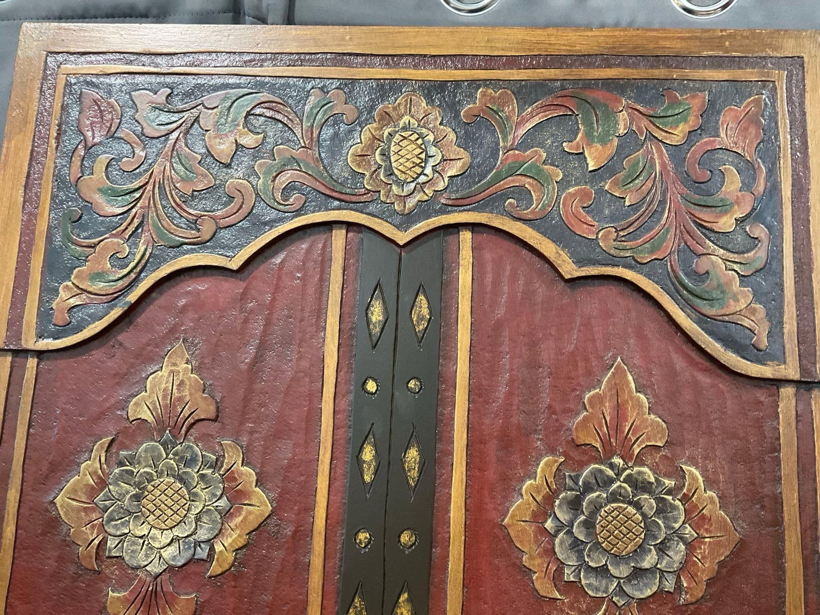 Large Carved Wooden Wall Hanging, Faux Doors, Red & Dark Brown, 60x25 inches - 2