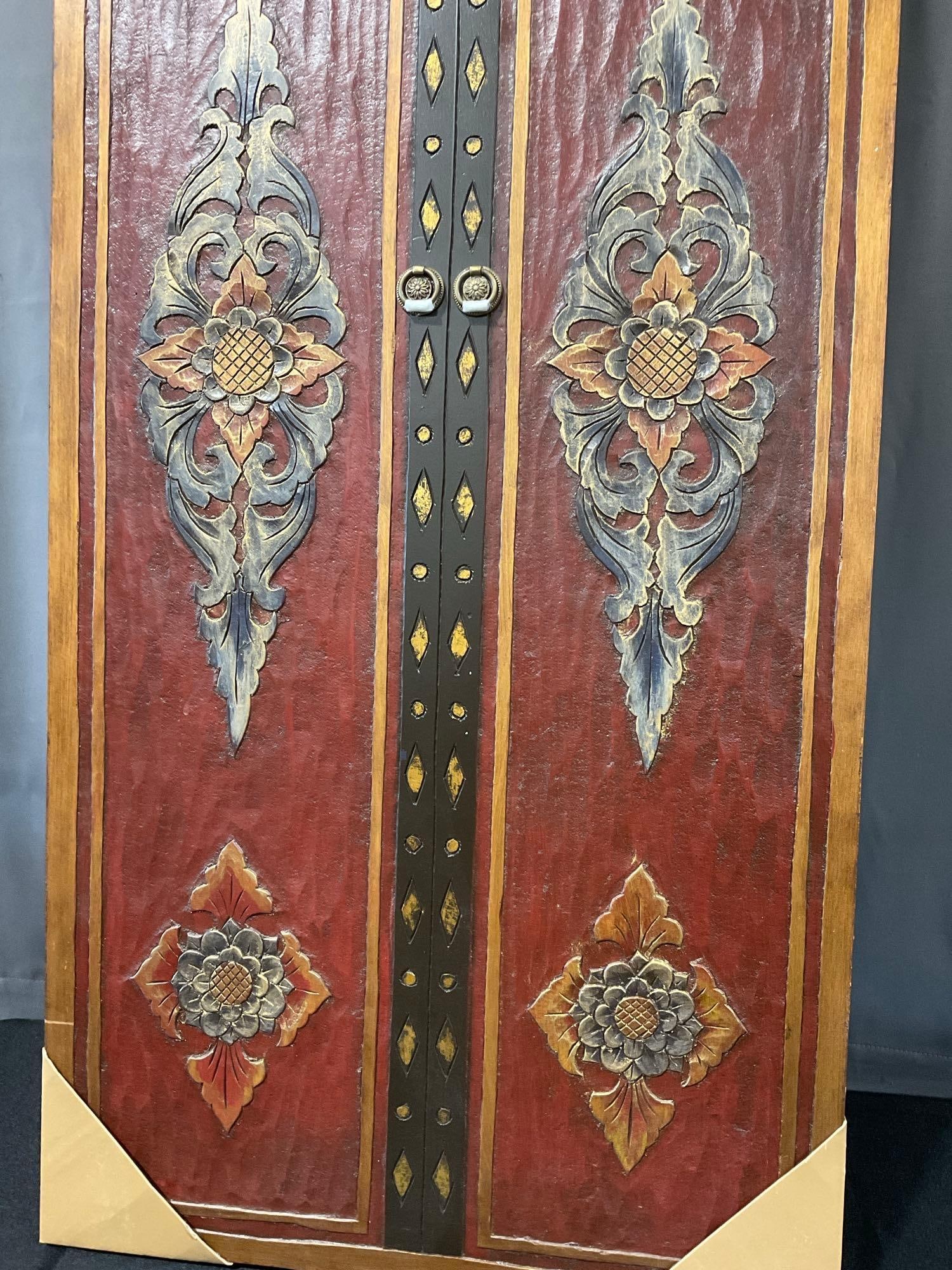 Large Carved Wooden Wall Hanging, Faux Doors, Red & Dark Brown, 60x25 inches - 3