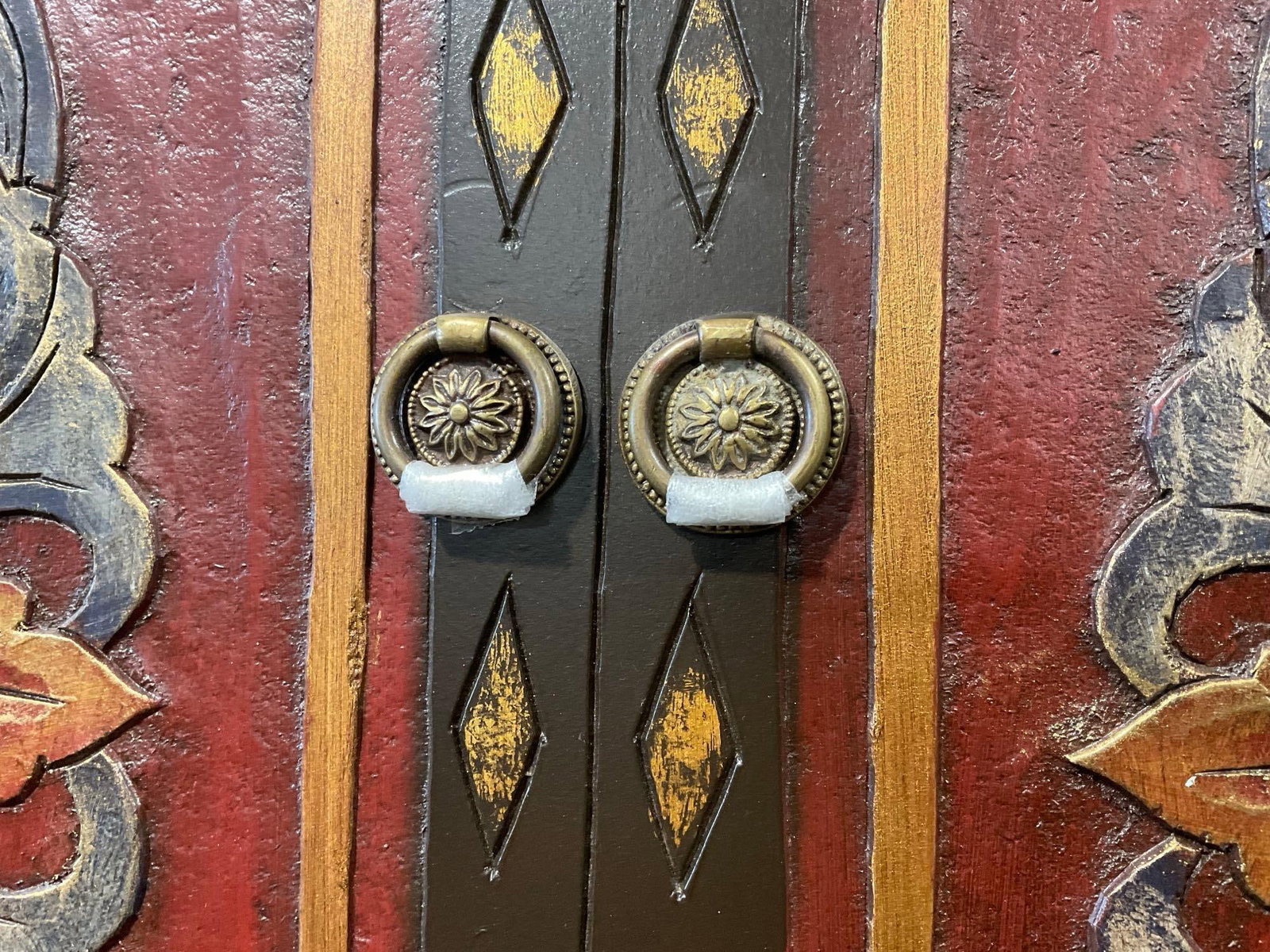 Large Carved Wooden Wall Hanging, Faux Doors, Red & Dark Brown, 60x25 inches - 4