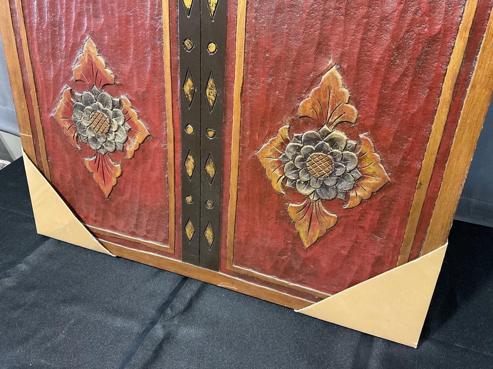 Large Carved Wooden Wall Hanging, Faux Doors, Red & Dark Brown, 60x25 inches - 5