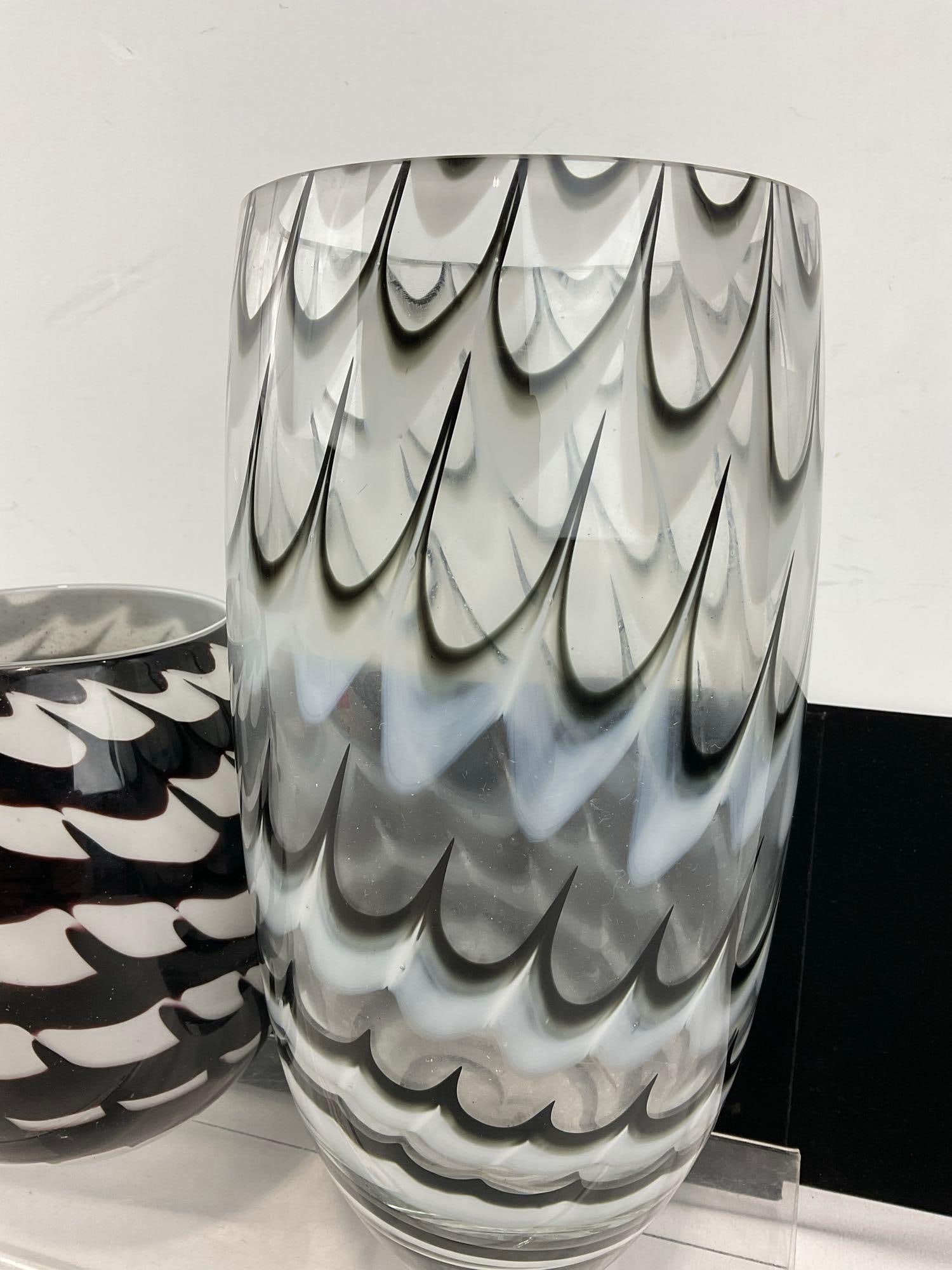 Pair of Black, White, & Clear Vases, Tarnowiec, Made in Poland, approx 14 & 8 inches tall - 2