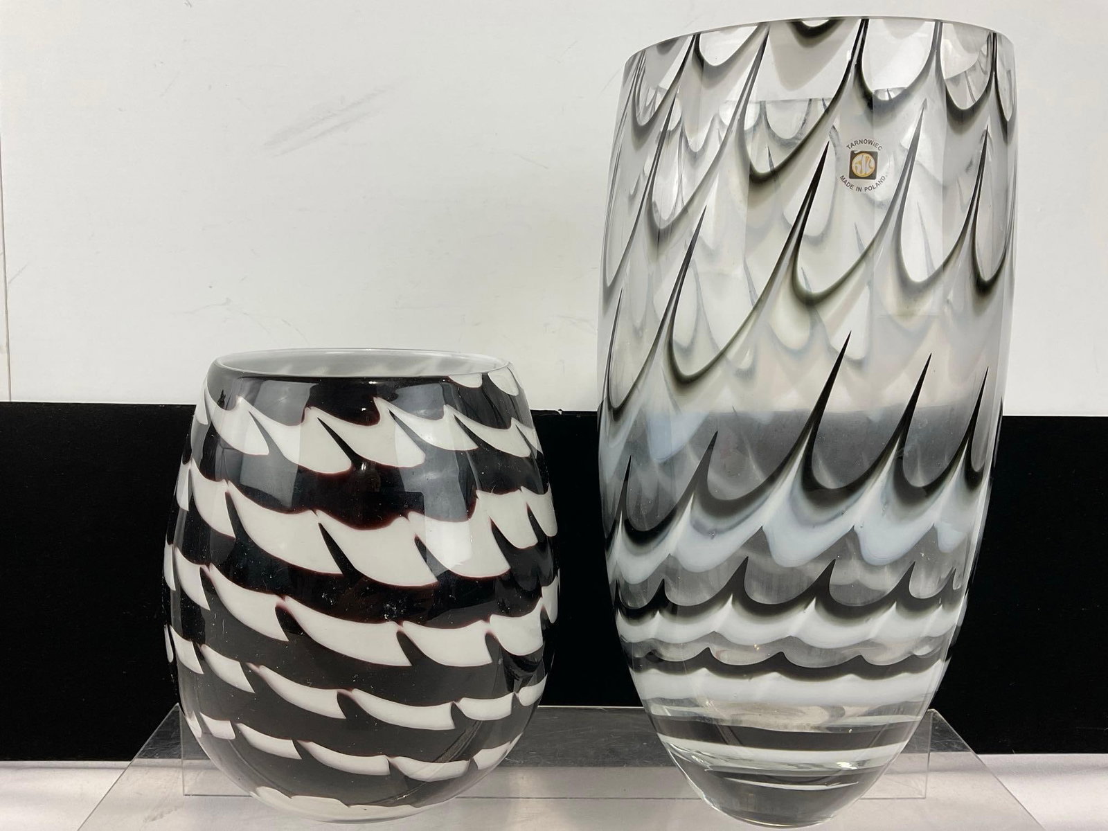 Pair of Black, White, & Clear Vases, Tarnowiec, Made in Poland, approx 14 & 8 inches tall - 4