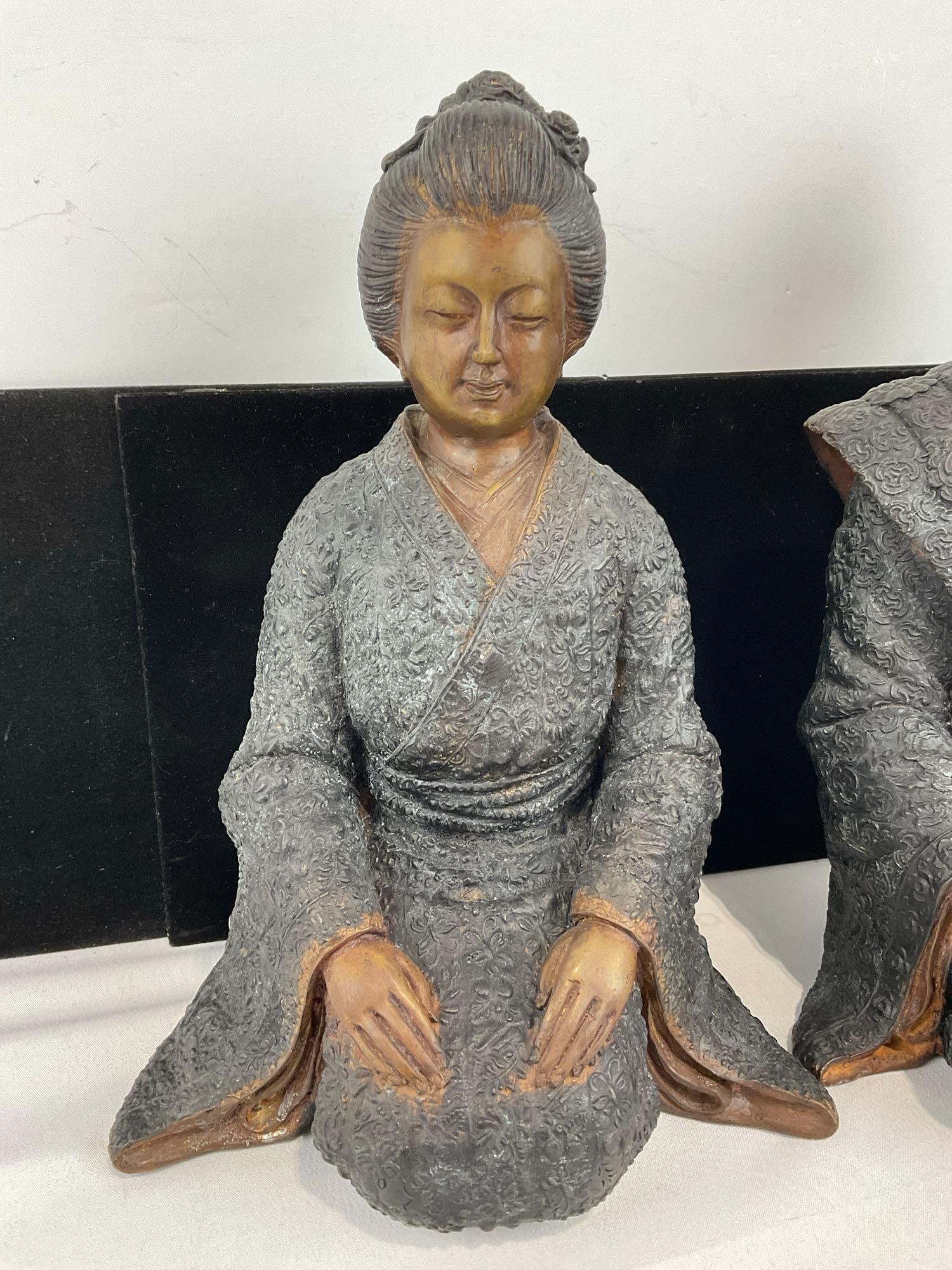 Vintage Pair of Bronze Statues, Japanese Man & Woman, Darkened Finish on Hair & Robes, 13x13x10 i... - 2