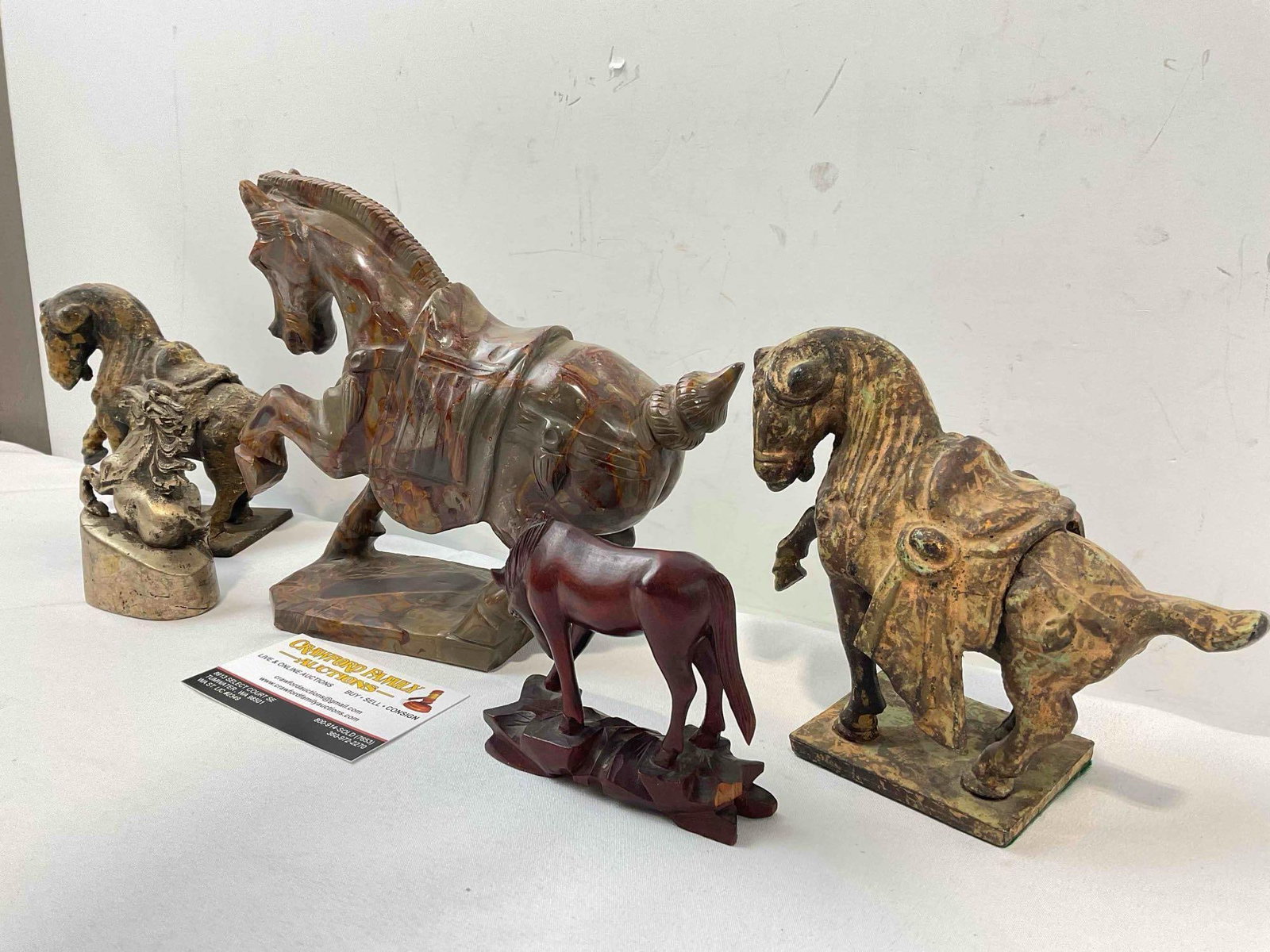 5 pcs Horse Figurine Collection, incl. 1x Carved Jasper Stone, 3x Cast Metal & 1x Wood. See pics. - 2