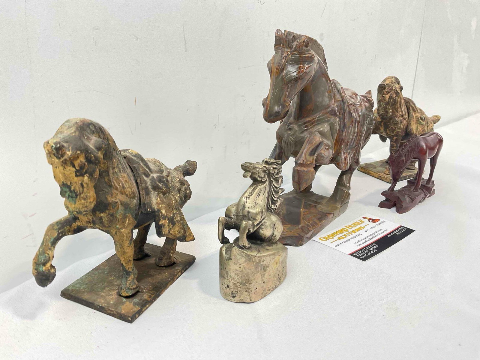 5 pcs Horse Figurine Collection, incl. 1x Carved Jasper Stone, 3x Cast Metal & 1x Wood. See pics. - 3