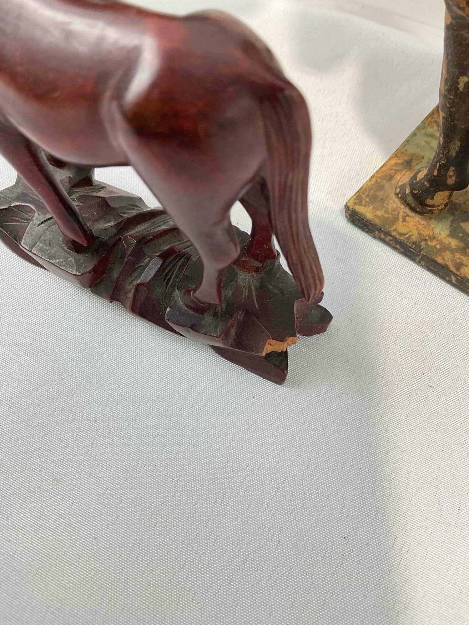 5 pcs Horse Figurine Collection, incl. 1x Carved Jasper Stone, 3x Cast Metal & 1x Wood. See pics. - 4