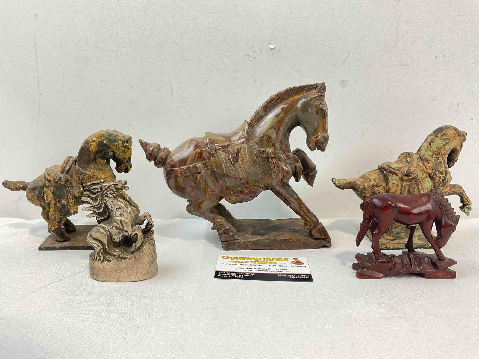 5 pcs Horse Figurine Collection, incl. 1x Carved Jasper Stone, 3x Cast Metal & 1x Wood. See pics. - 6