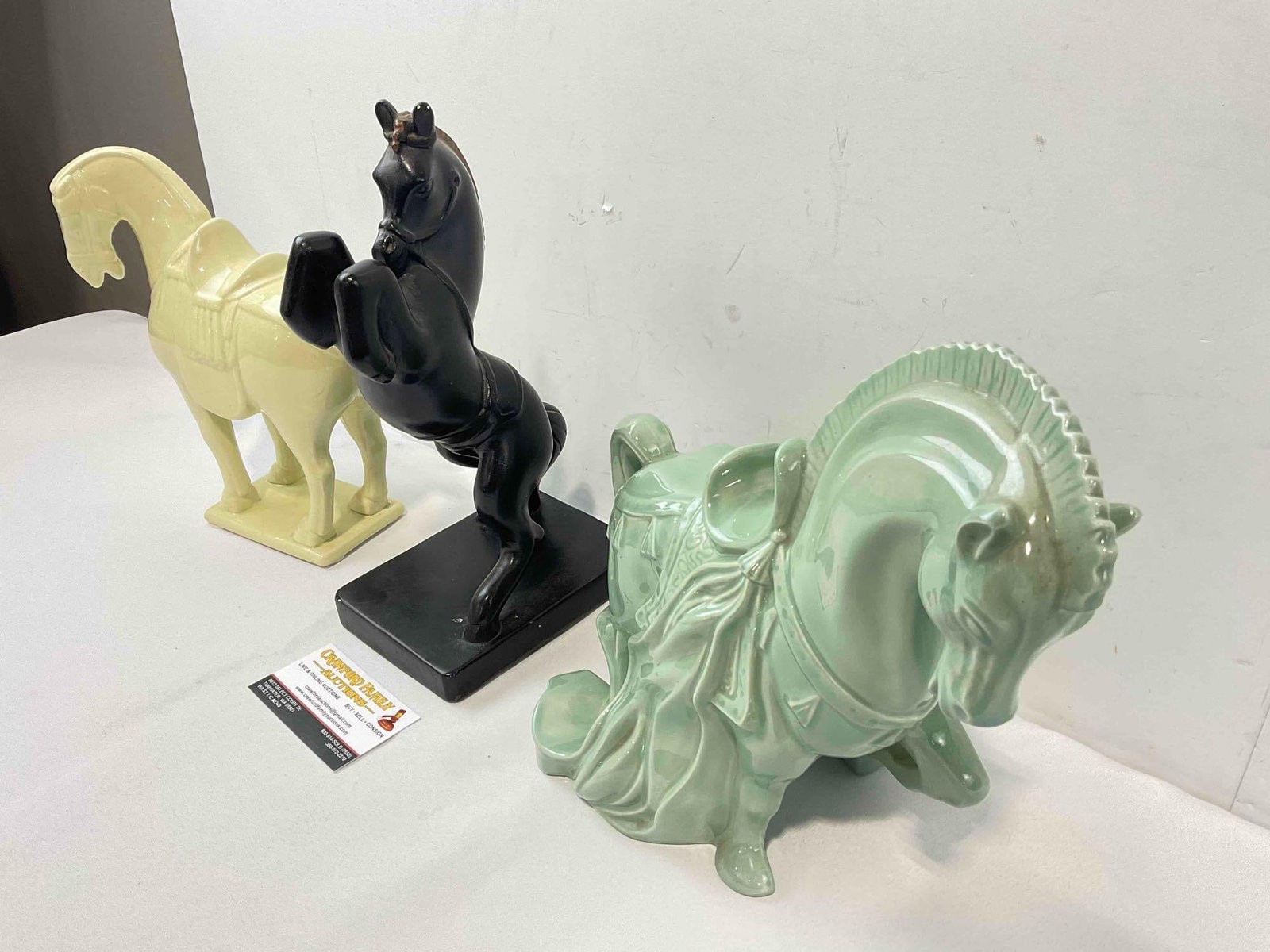 3 pcs Ceramic Horse Statuette Collection, incl. 2x Green & 1x Black. Good Condition. See pics. - 2