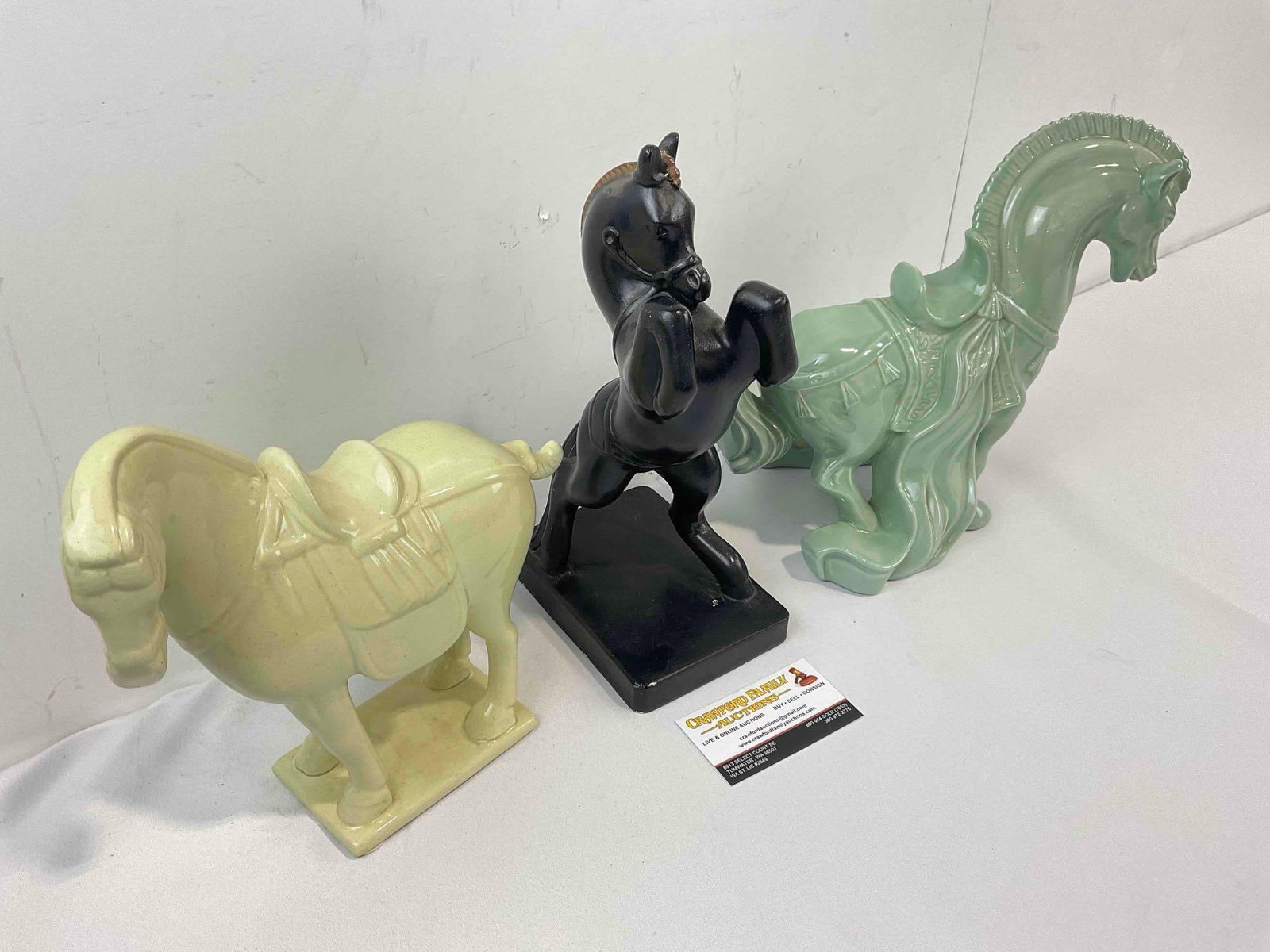 3 pcs Ceramic Horse Statuette Collection, incl. 2x Green & 1x Black. Good Condition. See pics. - 3