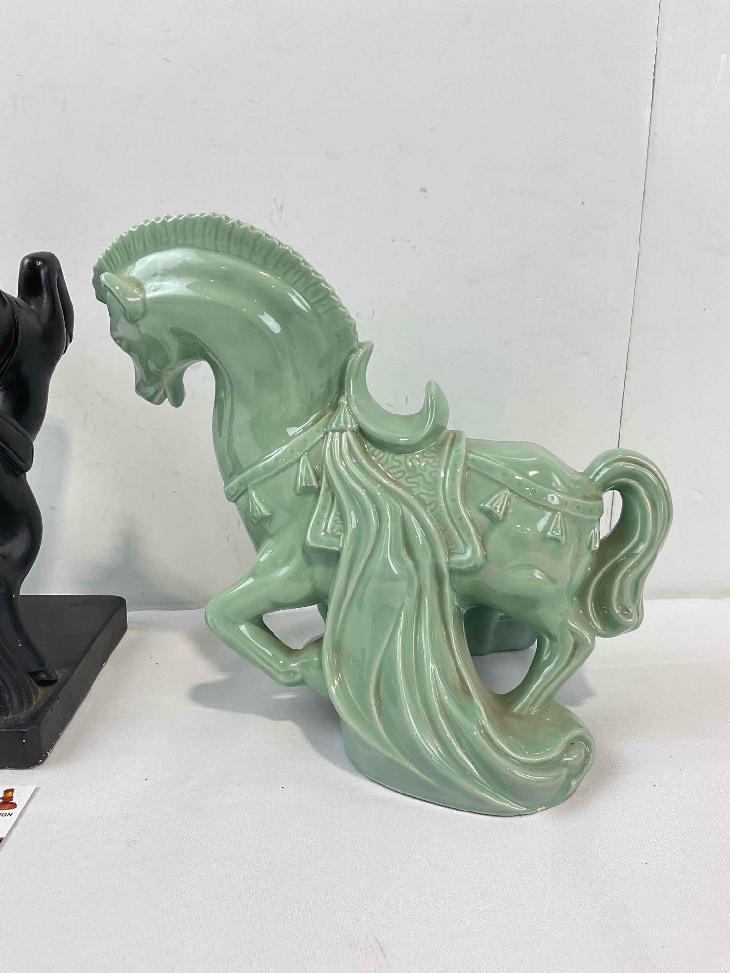 3 pcs Ceramic Horse Statuette Collection, incl. 2x Green & 1x Black. Good Condition. See pics. - 8