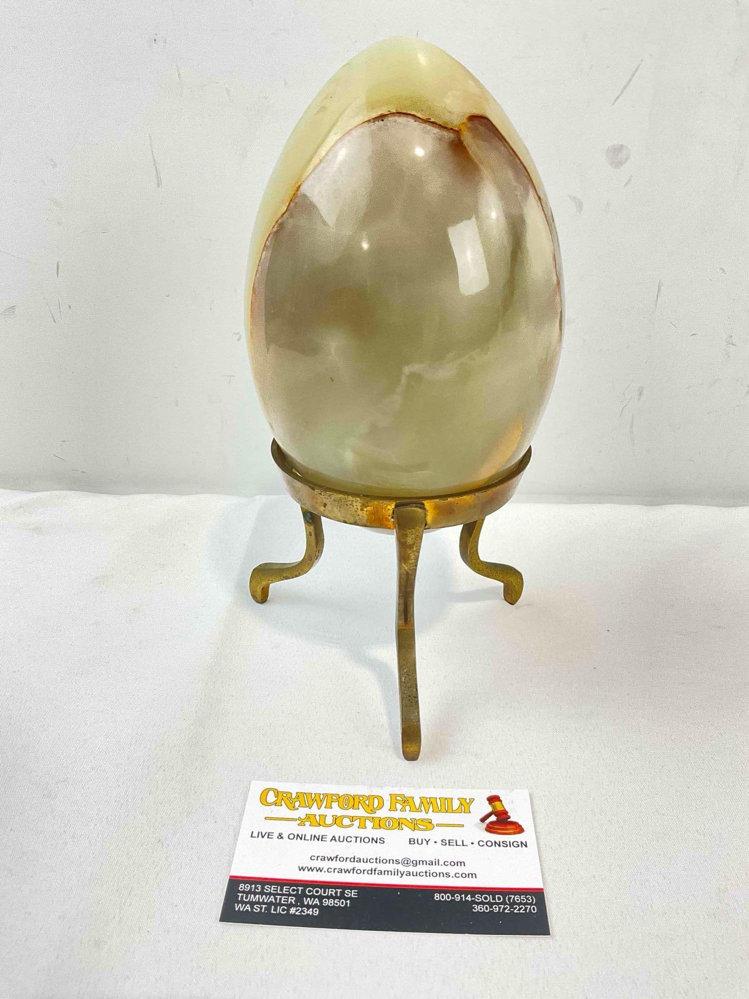 Polished Green & Brown Onyx Stone Egg w/ Brass Tripod Stand. Good Condition. See pics. - 2