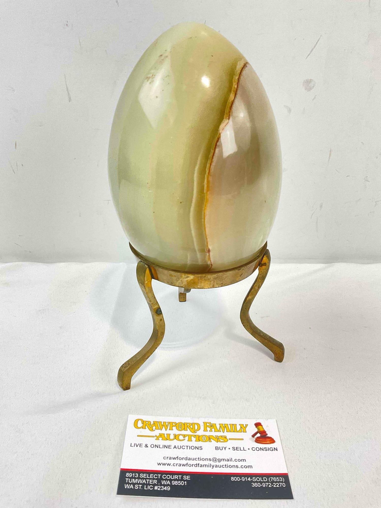 Polished Green & Brown Onyx Stone Egg w/ Brass Tripod Stand. Good Condition. See pics. - 3