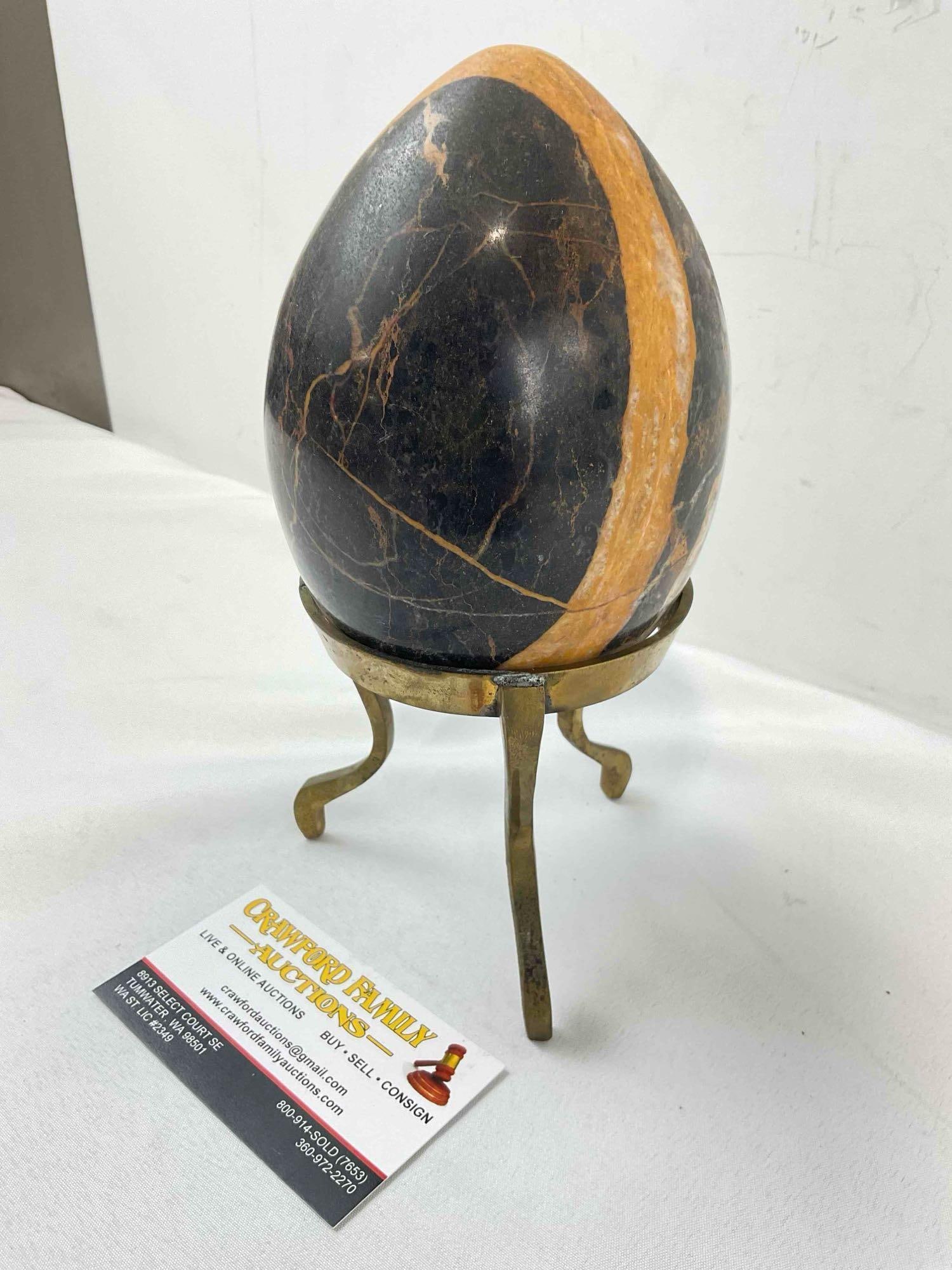 Polished Black & Ochre Marble Stone Egg on Brass Tripod Stand. Good Condition. See pics. - 2