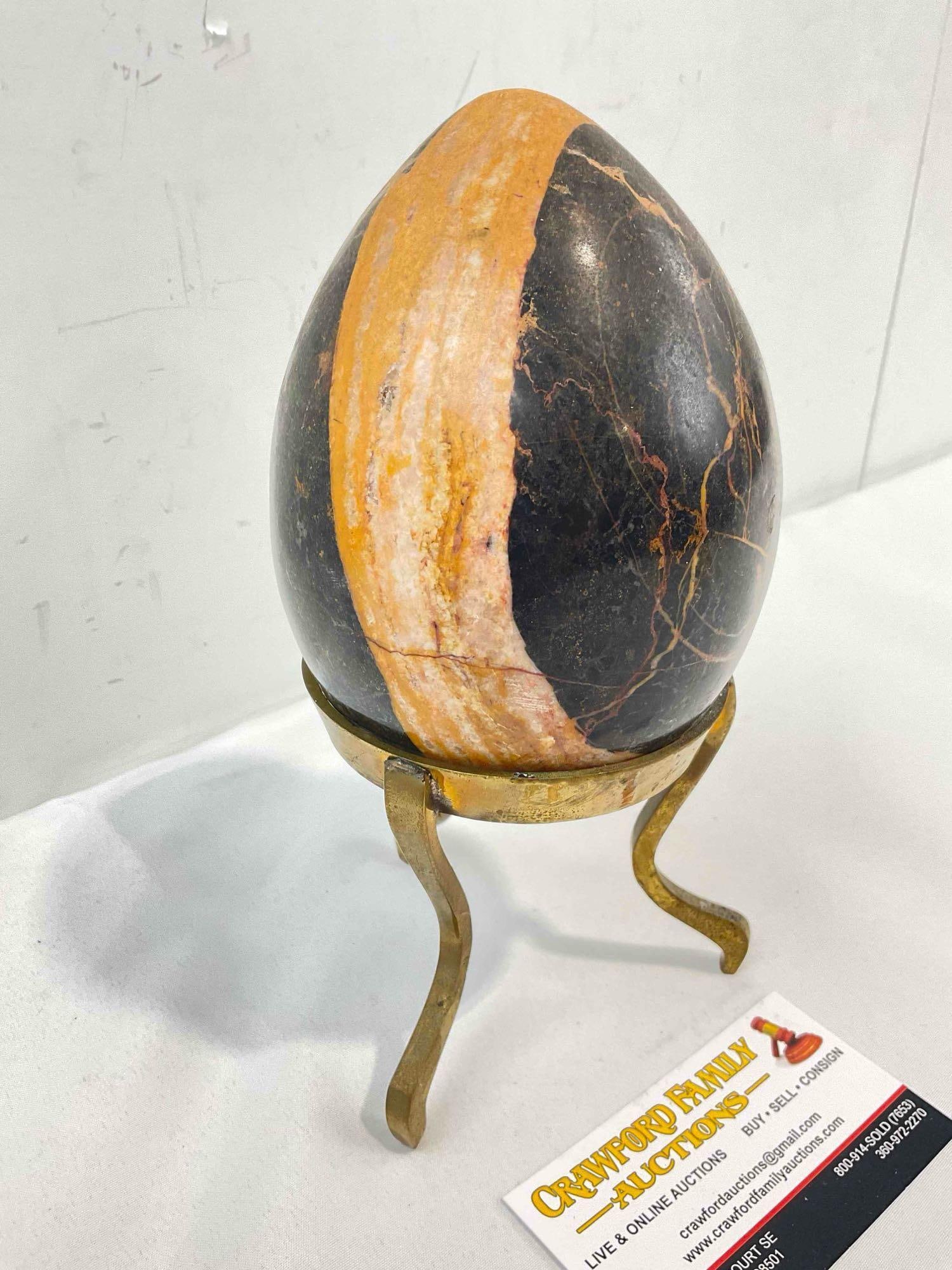 Polished Black & Ochre Marble Stone Egg on Brass Tripod Stand. Good Condition. See pics. - 3