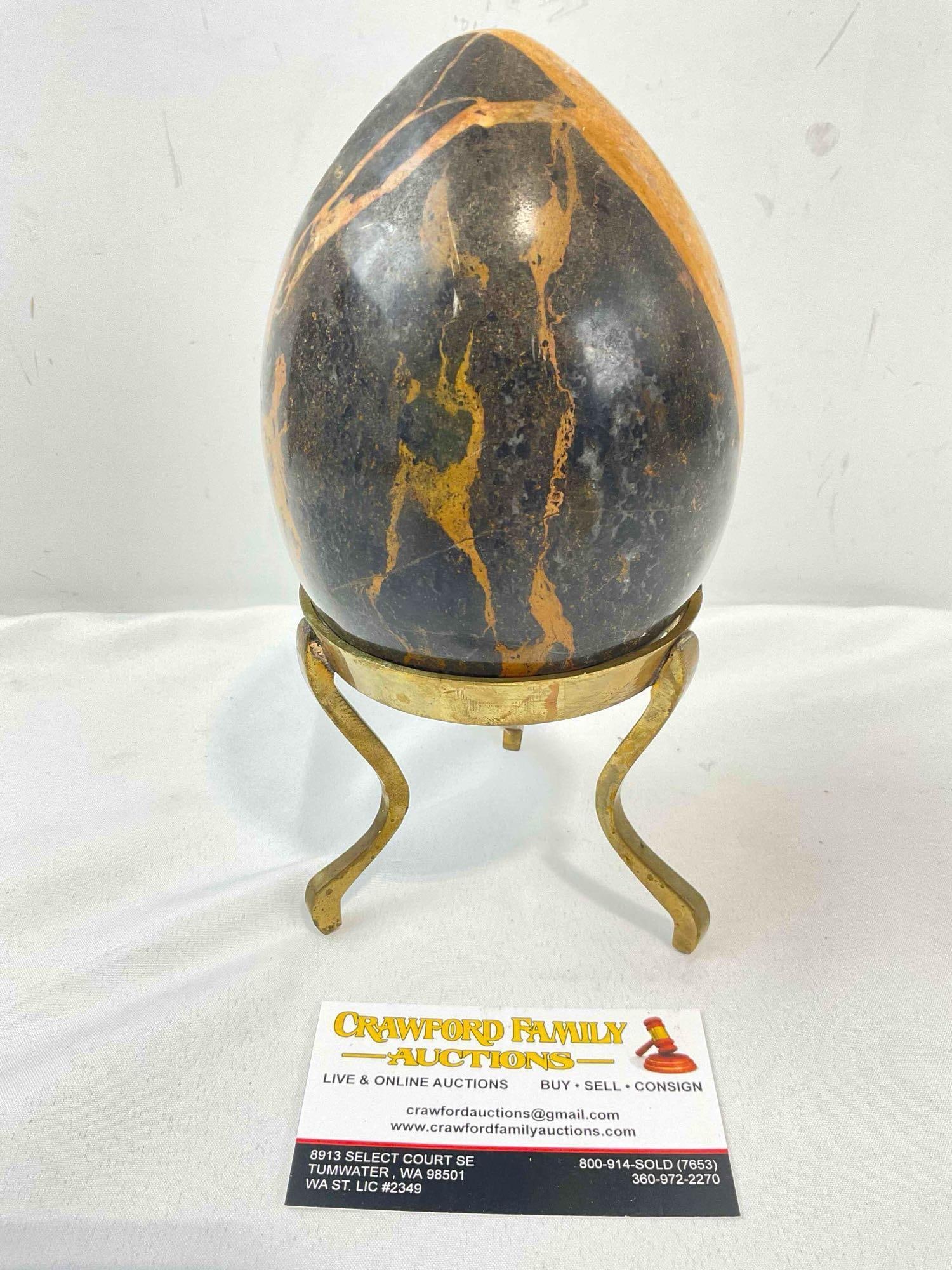 Polished Black & Ochre Marble Stone Egg on Brass Tripod Stand. Good Condition. See pics. - 4